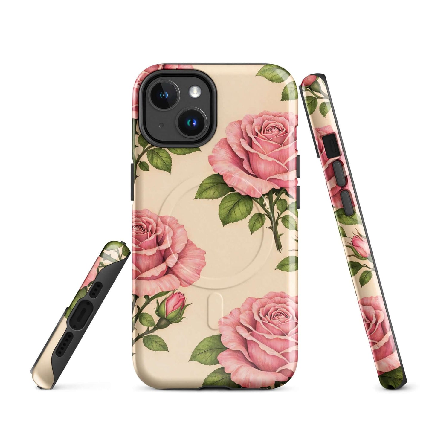 Magnetic Phone Case with pink rose design on warm cream background for iPhone