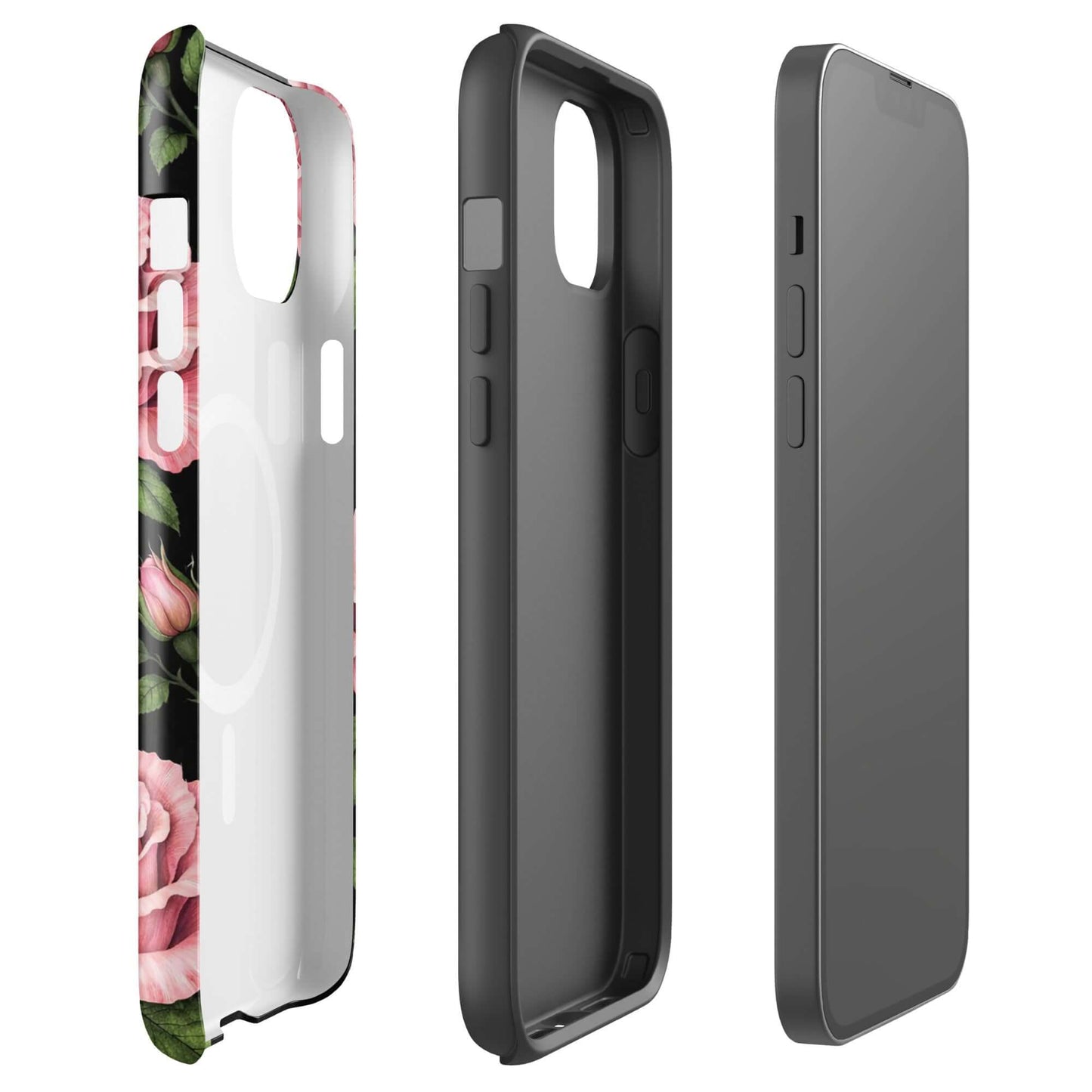 Magnetic Phone Case for iPhone with pink rose garden design and pencil-stencil style roses, showcasing both outer and inner views.