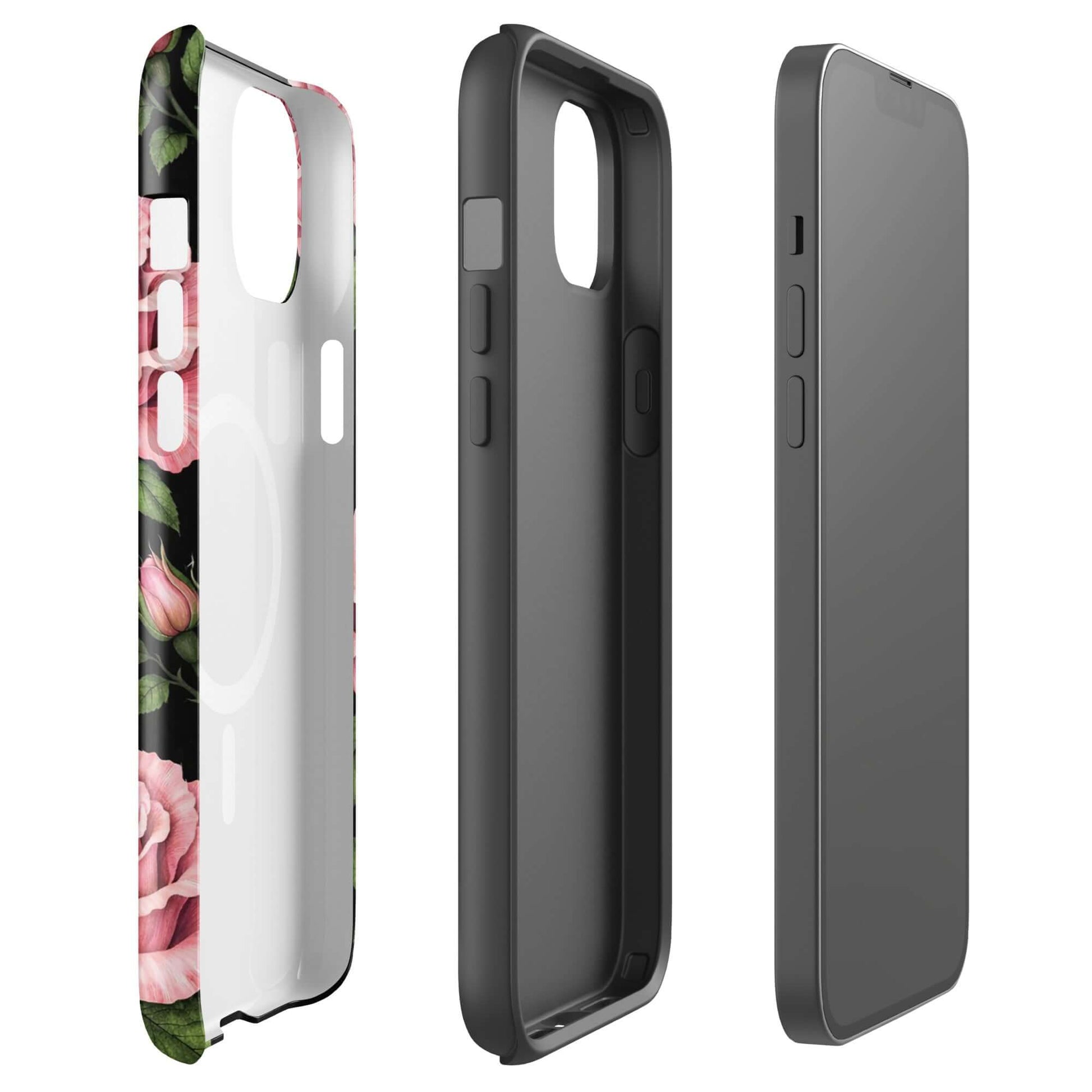 Magnetic Phone Case for iPhone with pink rose garden design and pencil-stencil style roses, showcasing both outer and inner views.