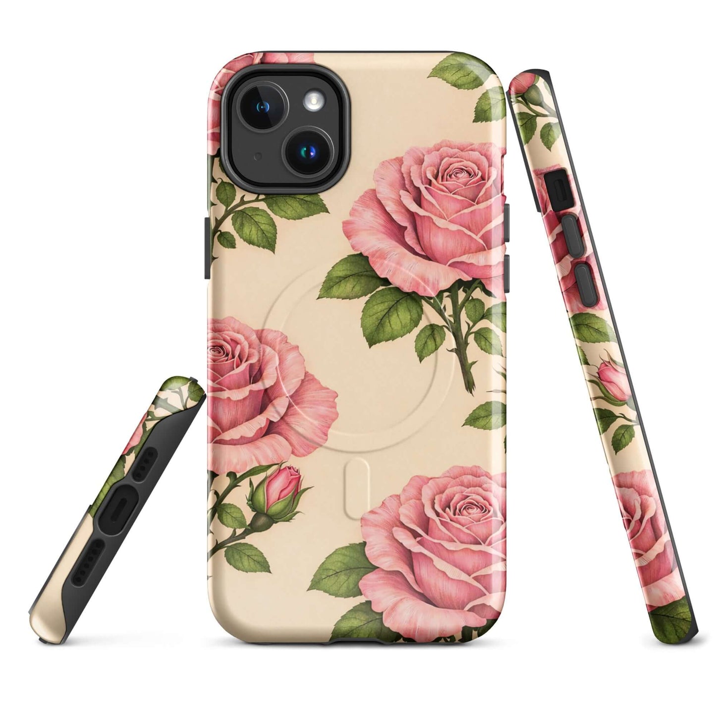 Magnetic Phone Case for iPhone with pink rose pattern on warm cream background, perfect blend of floral elegance and protection.