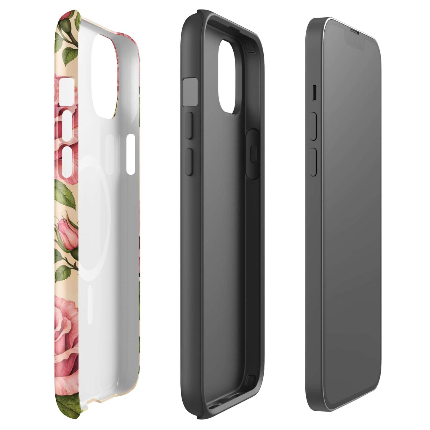 Magnetic Phone Case for iPhone with pink roses on a warm cream background, offering stylish protection.
