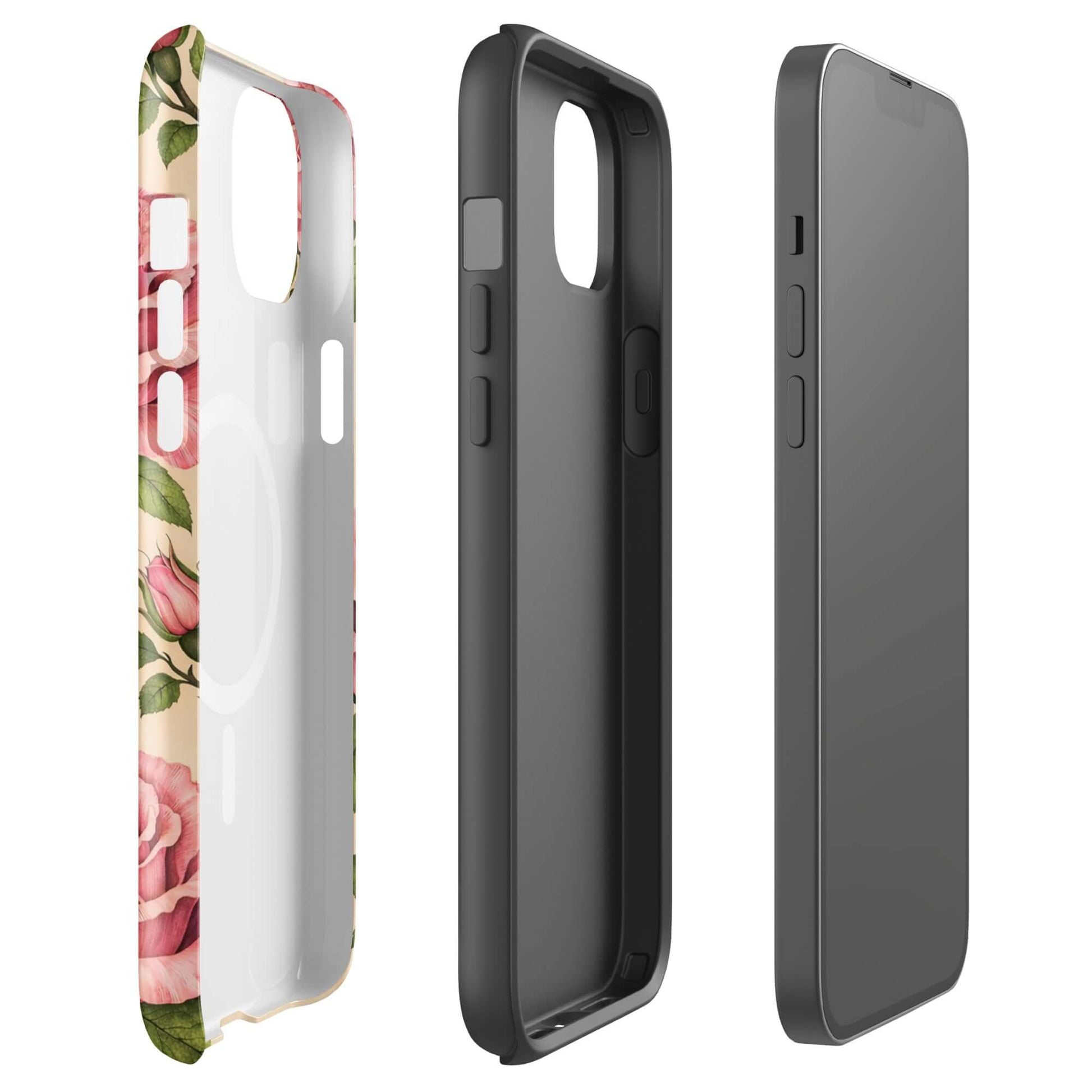 Magnetic Phone Case for iPhone with pink roses on a warm cream background, offering stylish protection.