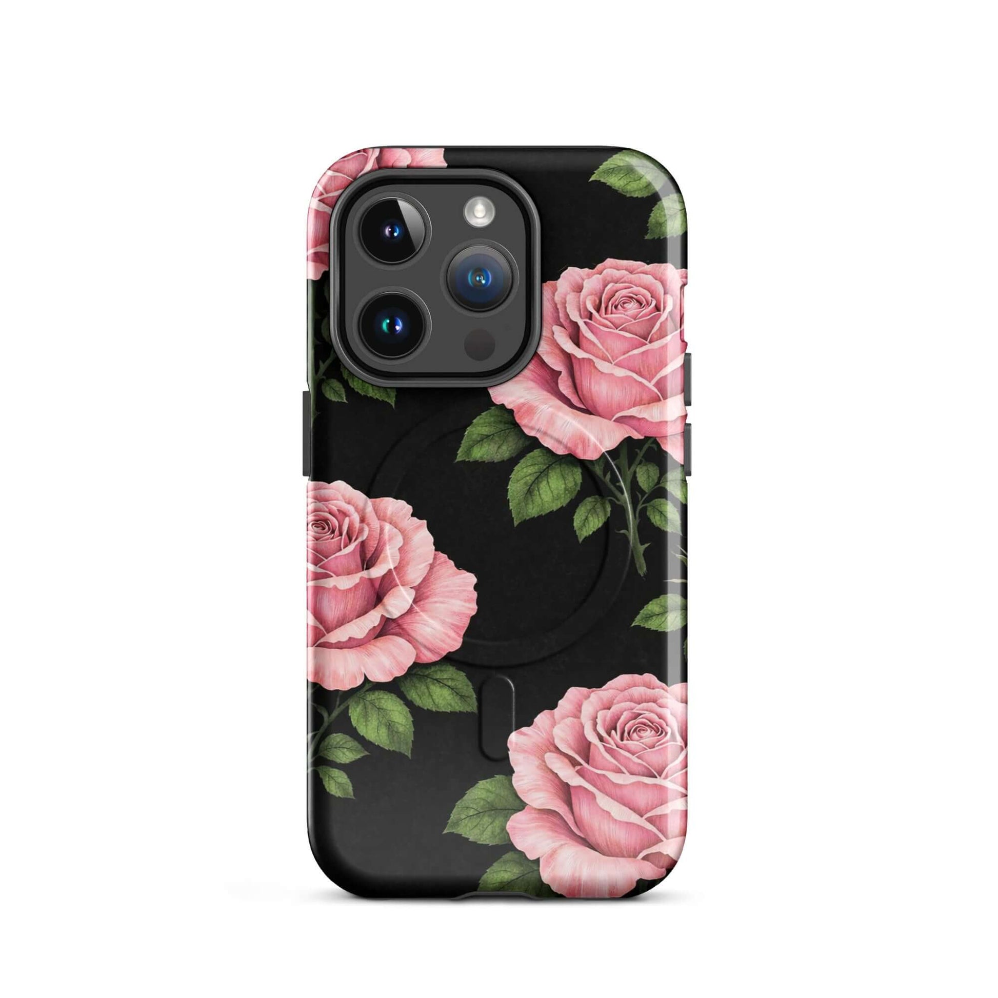 Magnetic Phone Case with pink rose pattern for iPhone on black background, features elegant floral design with green leaves.