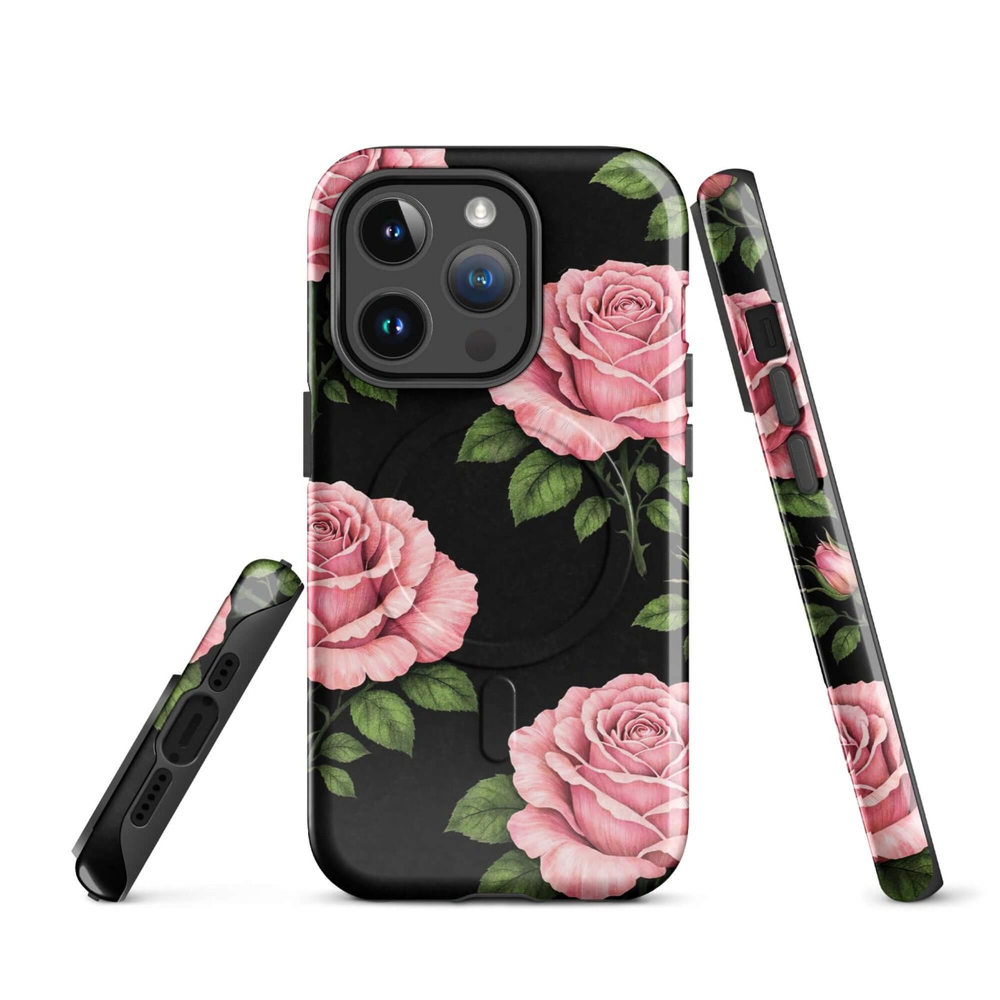 Magnetic Phone Case with pink rose design for iPhone, featuring elegant floral pattern on a deep black background.