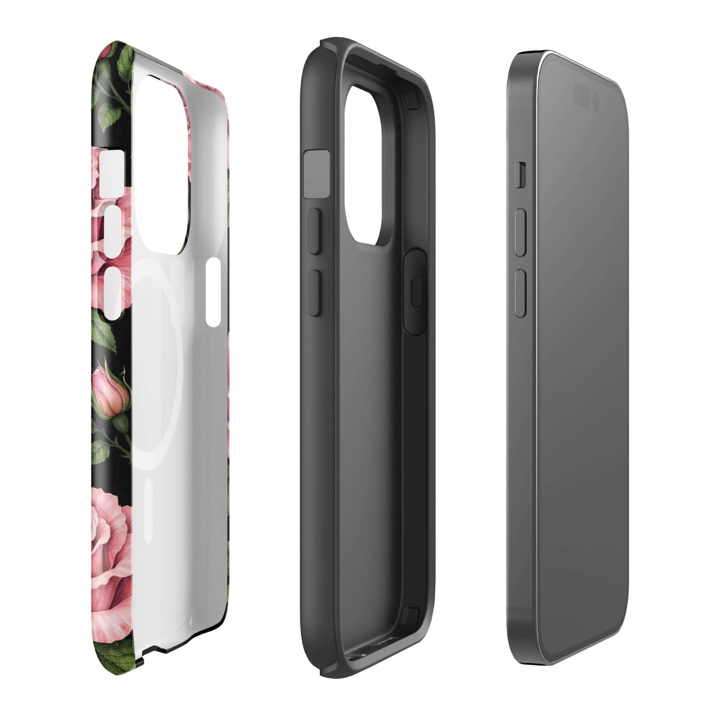 Magnetic Phone Case for iPhone with pink rose garden design and tough protection, side and front views shown.