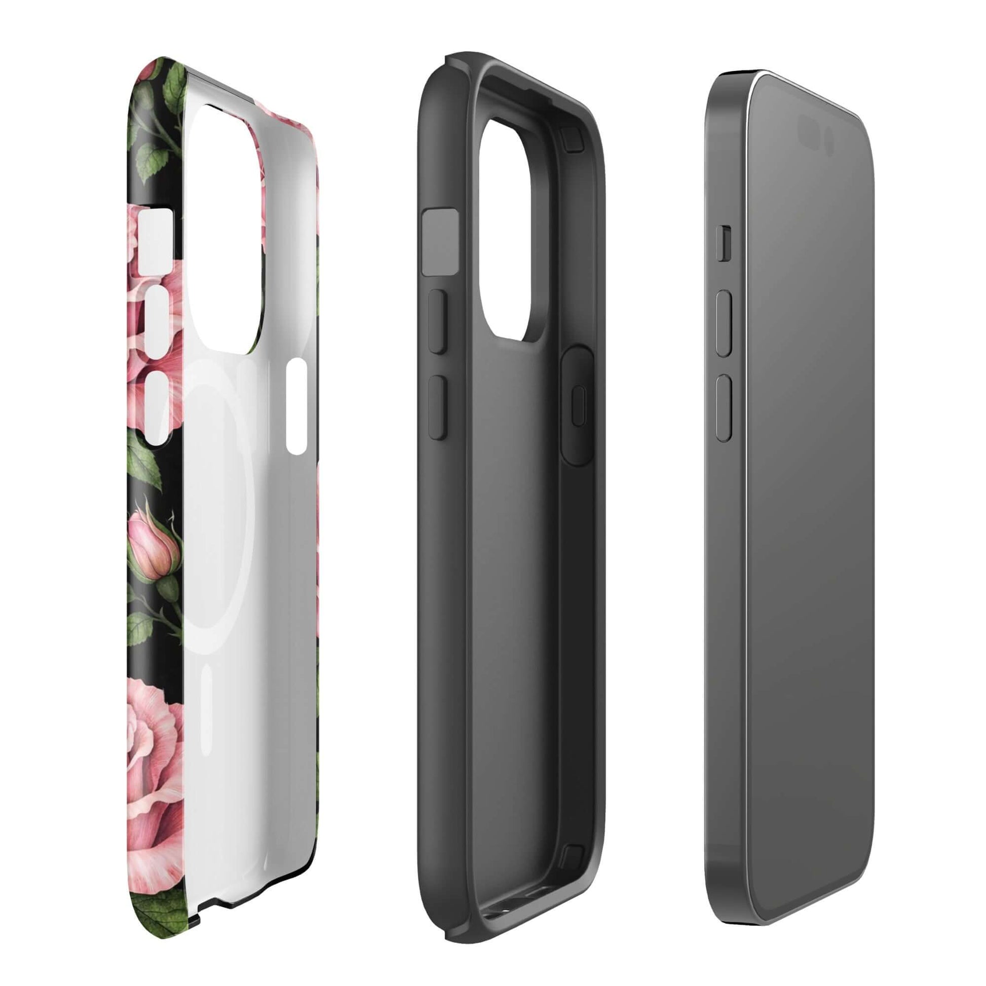 Magnetic Phone Case for iPhone with pink rose garden design and tough protection, side and front views shown.