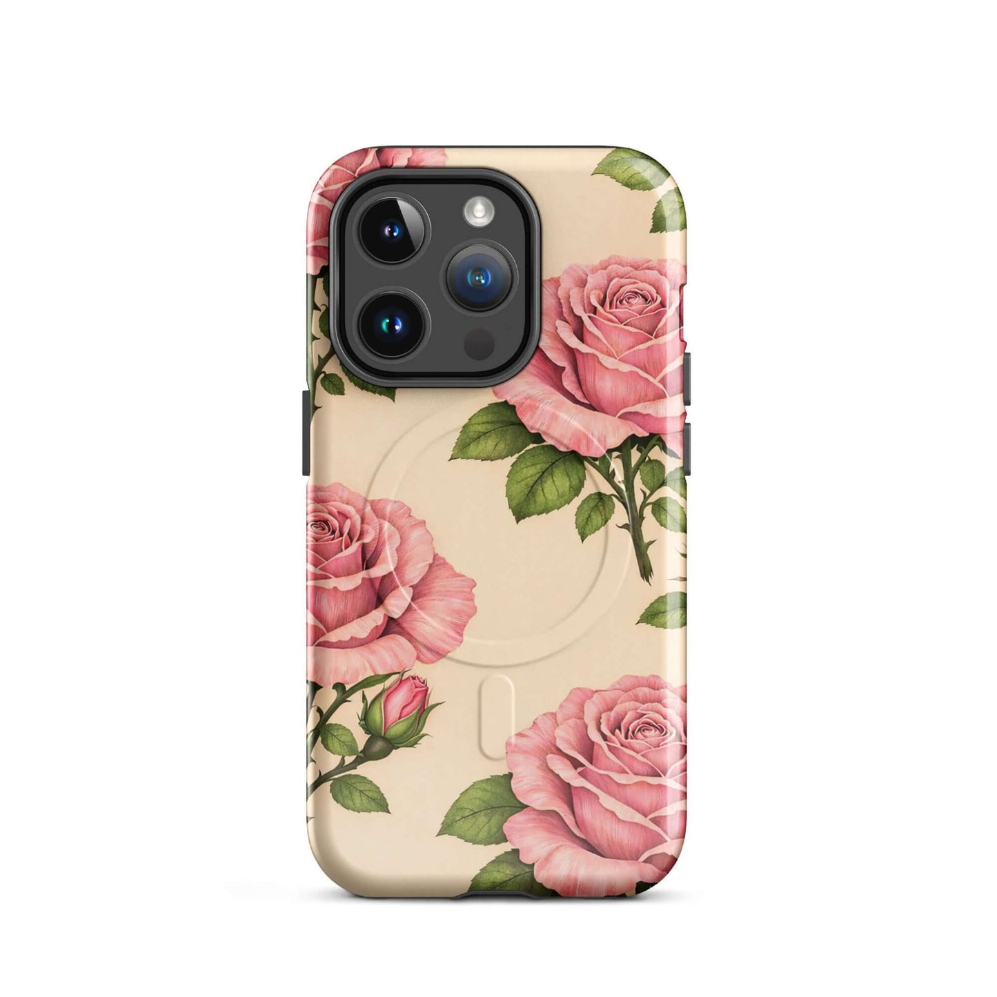 Magnetic Phone Case for iPhone with pink rose design on cream background, blending style and protection.