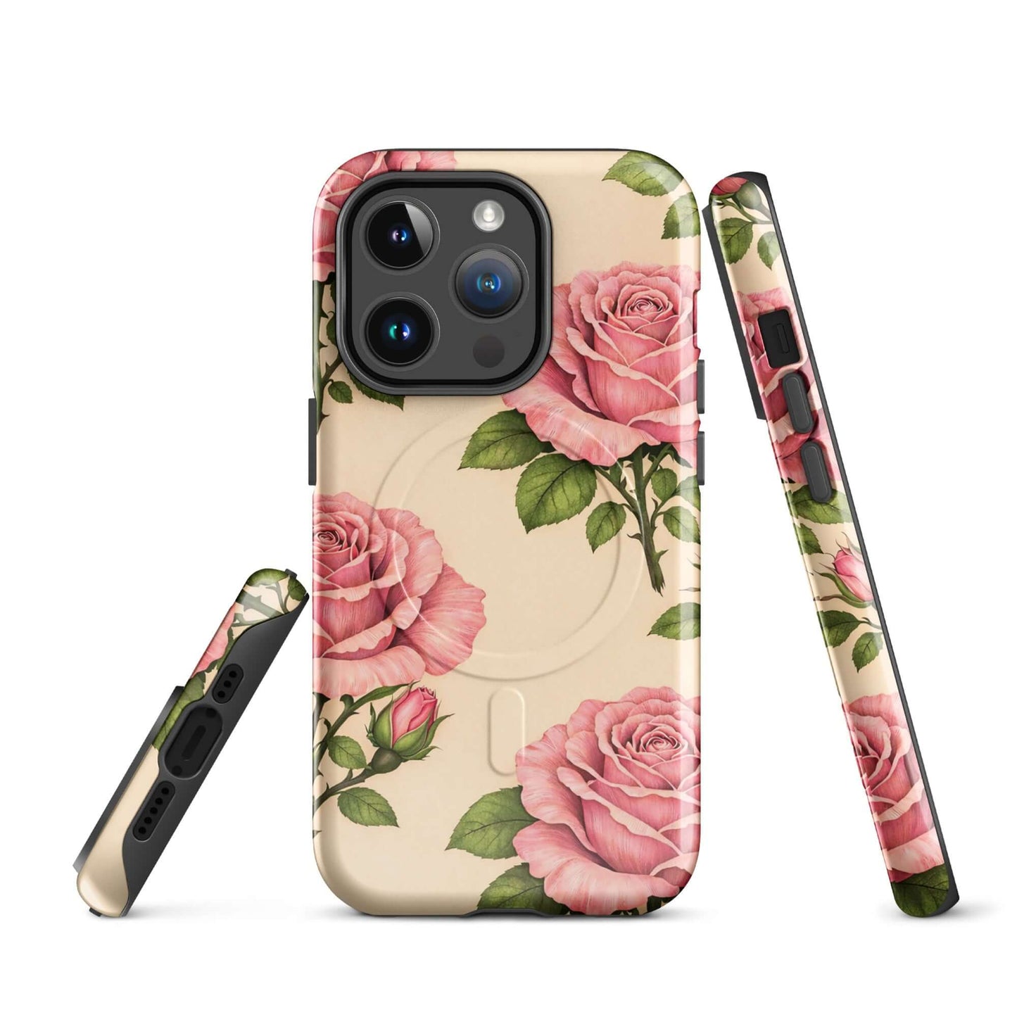 Magnetic Phone Case for iPhone with pink rose design on a warm cream background, featuring floral elegance and protection.