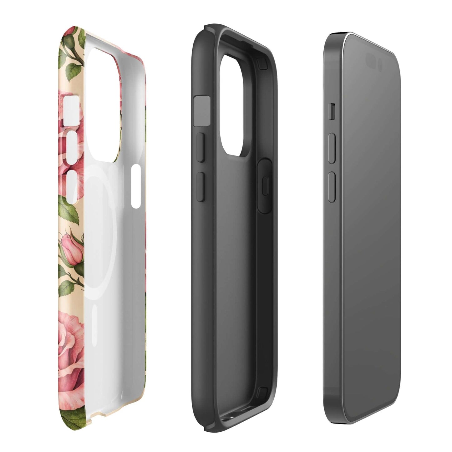 Magnetic Phone Case for iPhone with pink rose design on a warm cream background, showing floral elegance and protection.