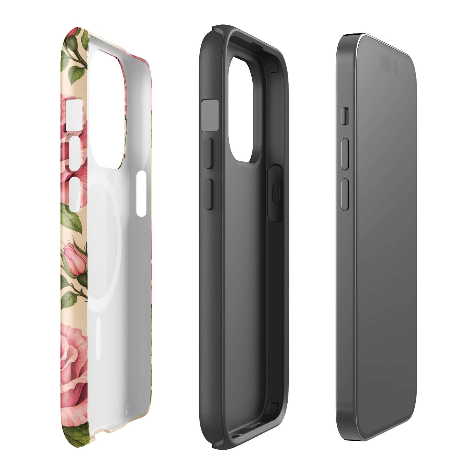 Magnetic Phone Case for iPhone with pink rose design on a warm cream background, showing floral elegance and protection.