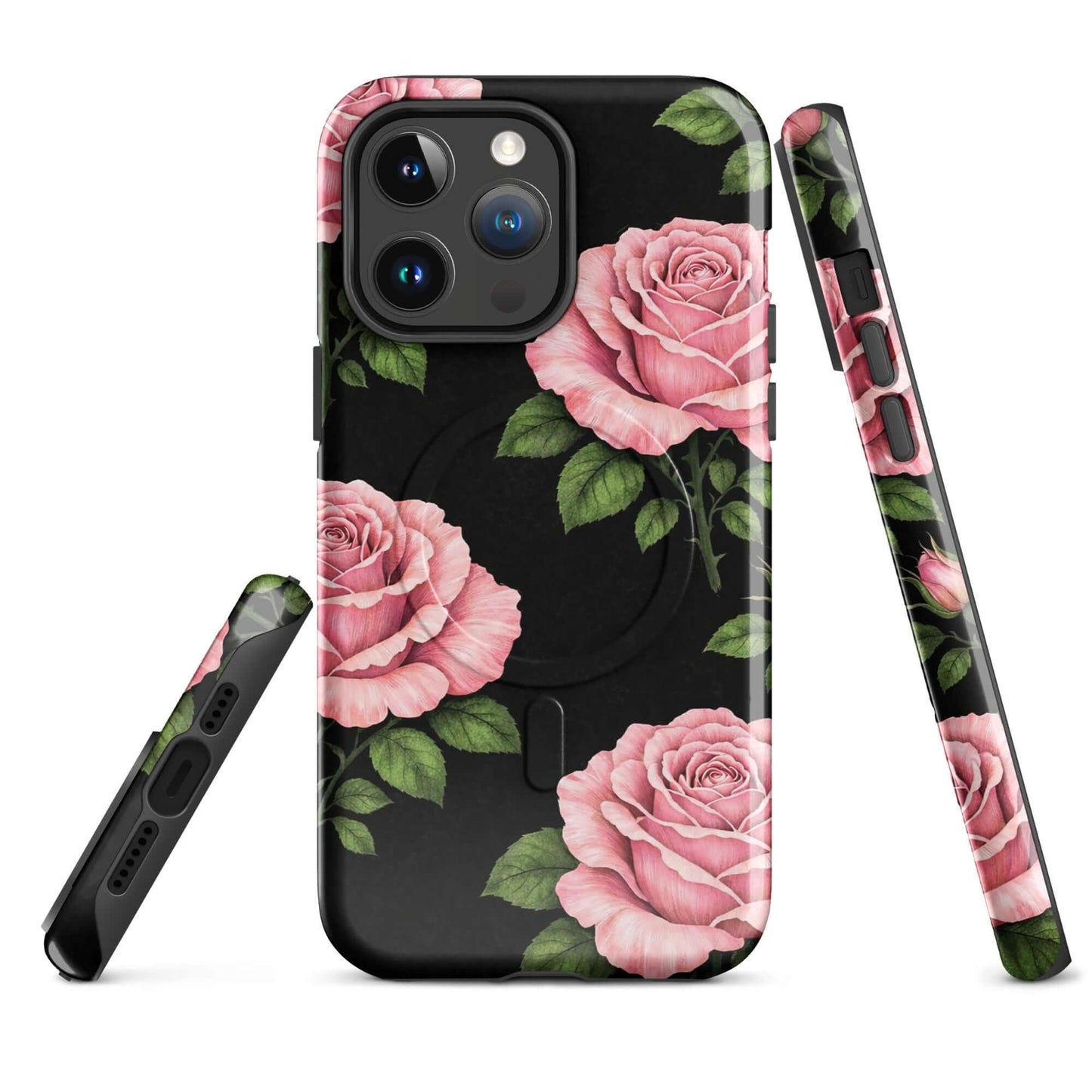 Magnetic Phone Case with pink rose garden design on black background, featuring soft pink roses and green leaves for iPhone.