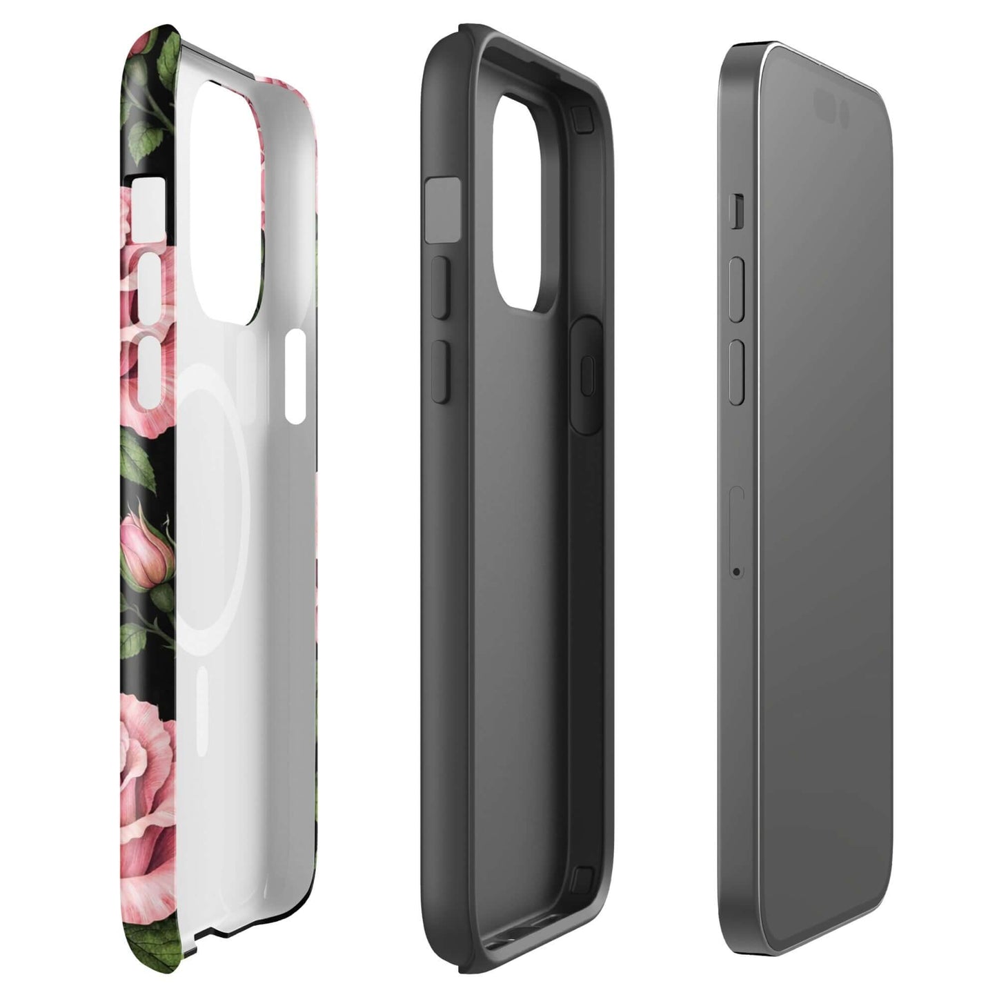 Magnetic Phone Case for iPhone with pink rose garden design in tough black shell