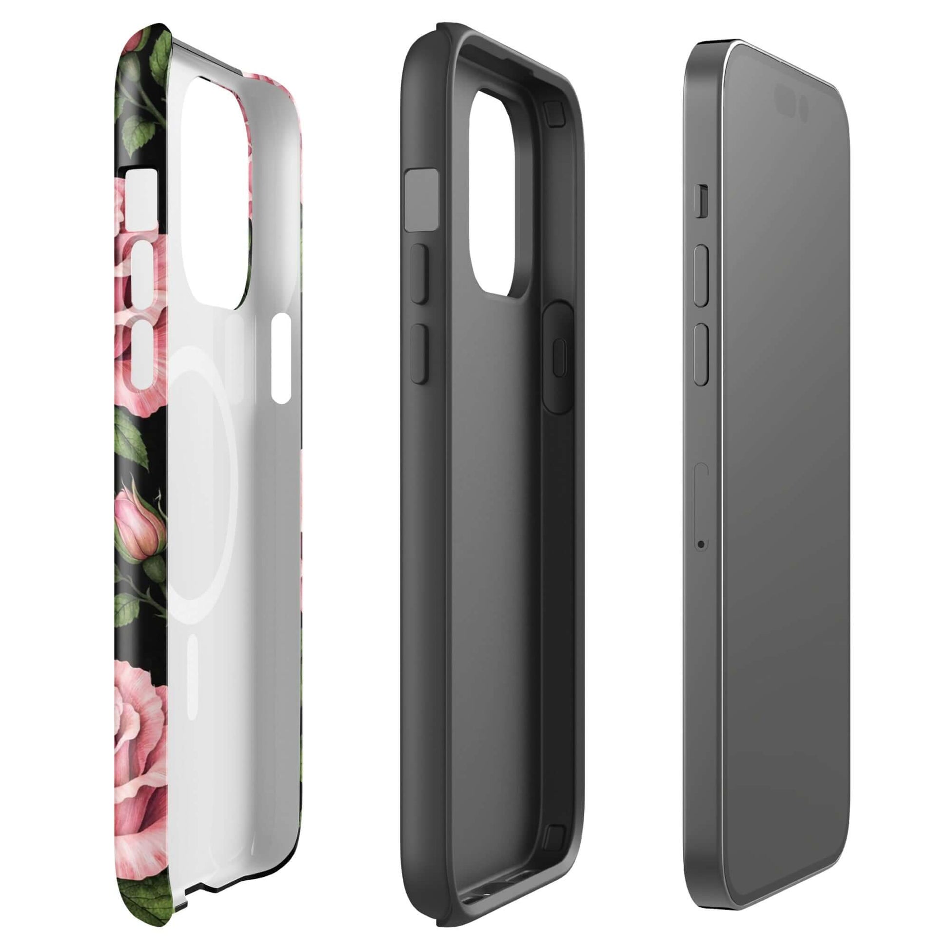 Magnetic Phone Case for iPhone with pink rose garden design in tough black shell