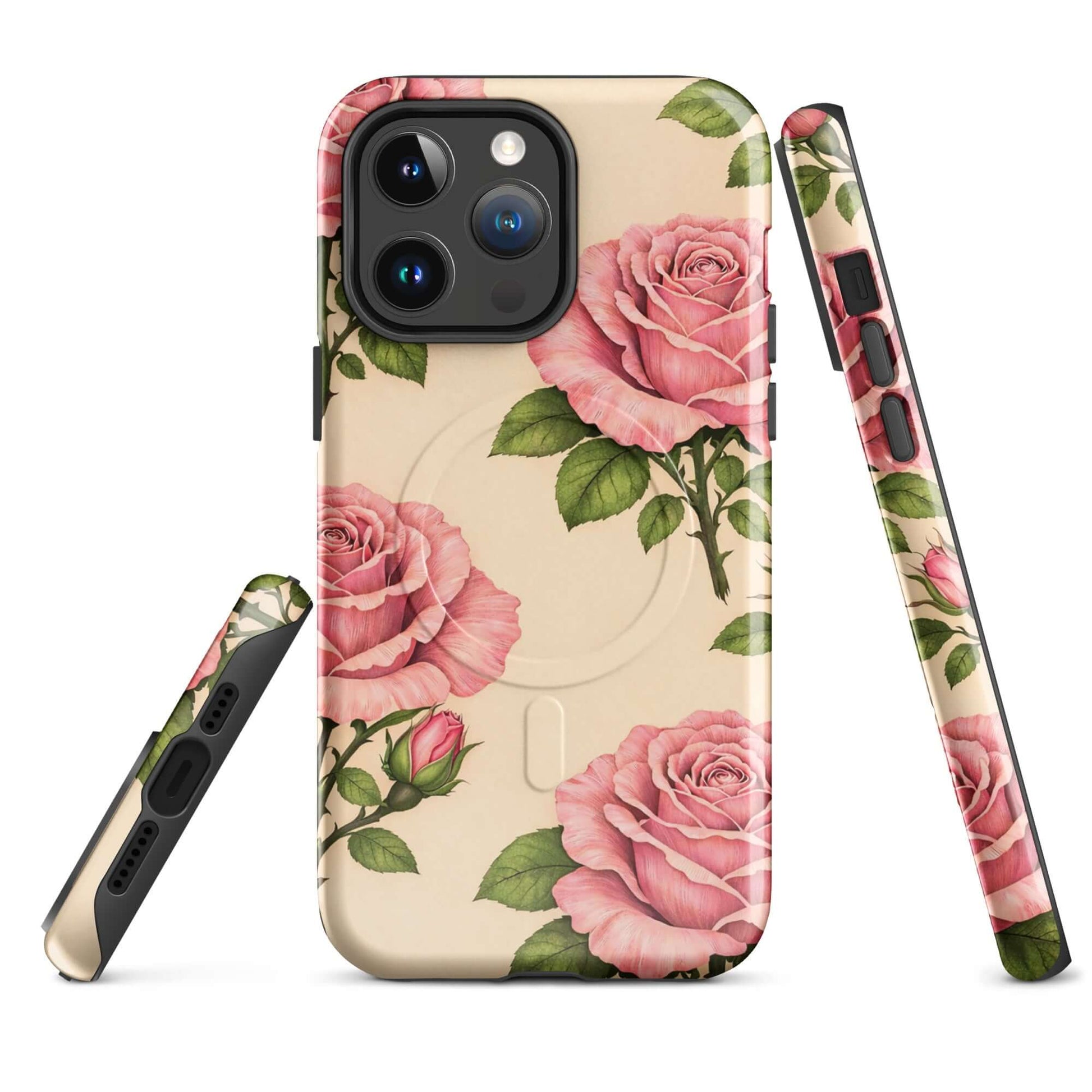 Magnetic Phone Case with pink roses on cream background, offering floral elegance and protection for iPhone.