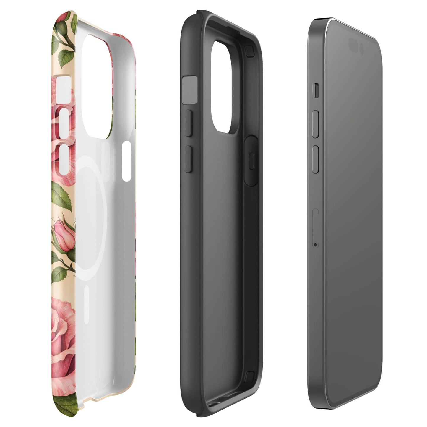Magnetic Phone Case for iPhone with pink roses on a cream background, showing elegant floral design and durable protection.