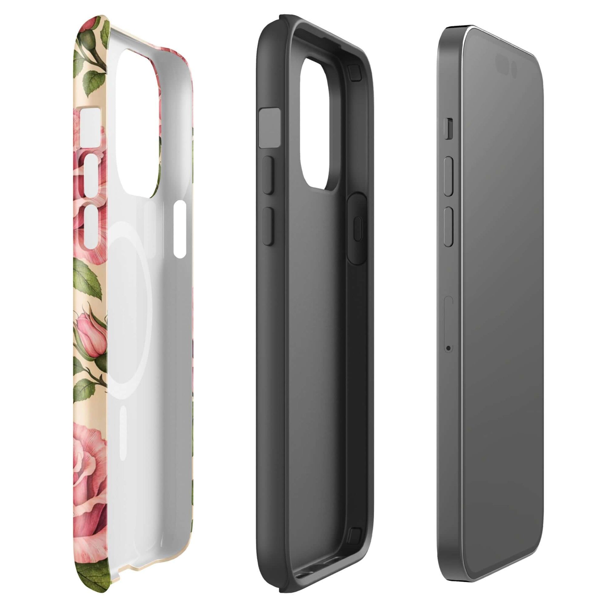 Magnetic Phone Case for iPhone with pink roses on a cream background, showing elegant floral design and durable protection.