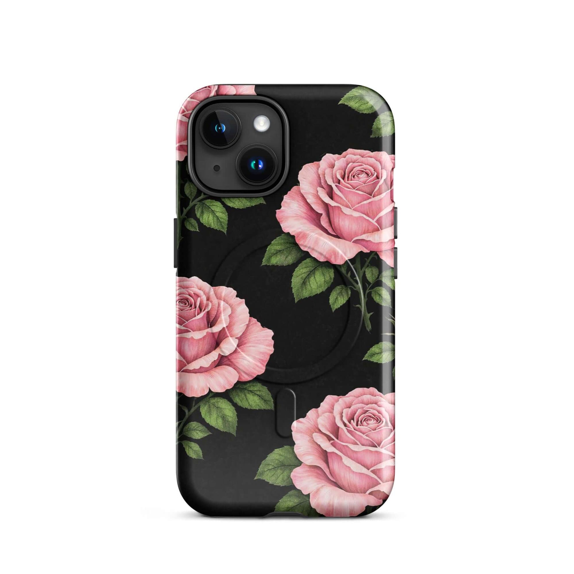 Magnetic Phone Case for iPhone with pink rose garden design on black background, featuring hand-sketched style roses and green leaves.