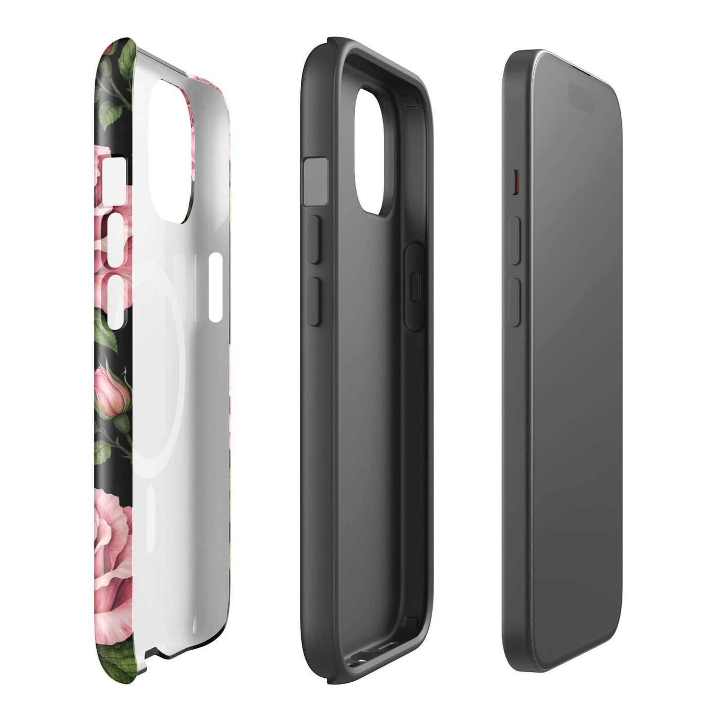 Magnetic Phone Case for iPhone in pink rose garden design, featuring floral pattern with pink roses on a black background for elegant style.