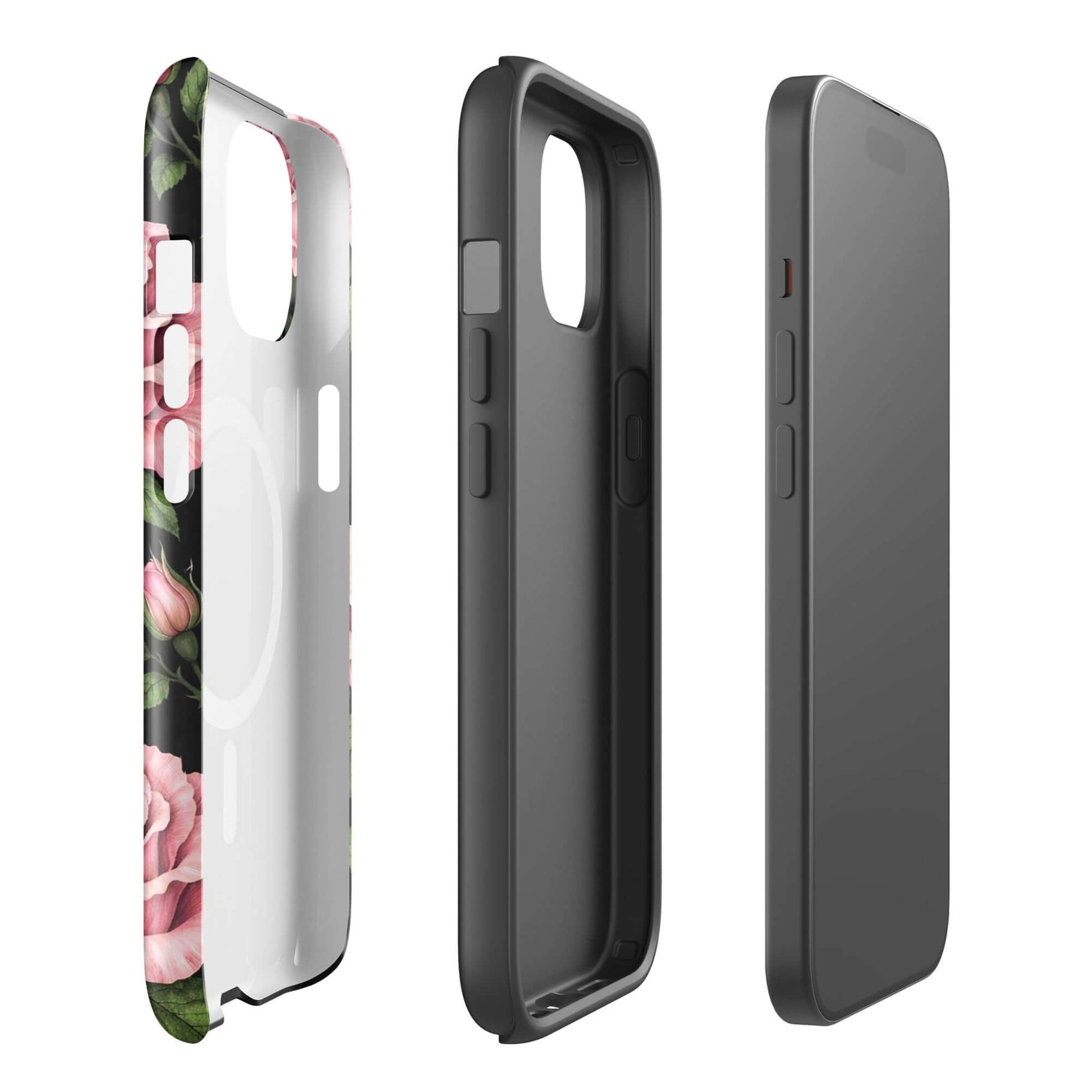 Magnetic Phone Case for iPhone in pink rose garden design, featuring floral pattern with pink roses on a black background for elegant style.