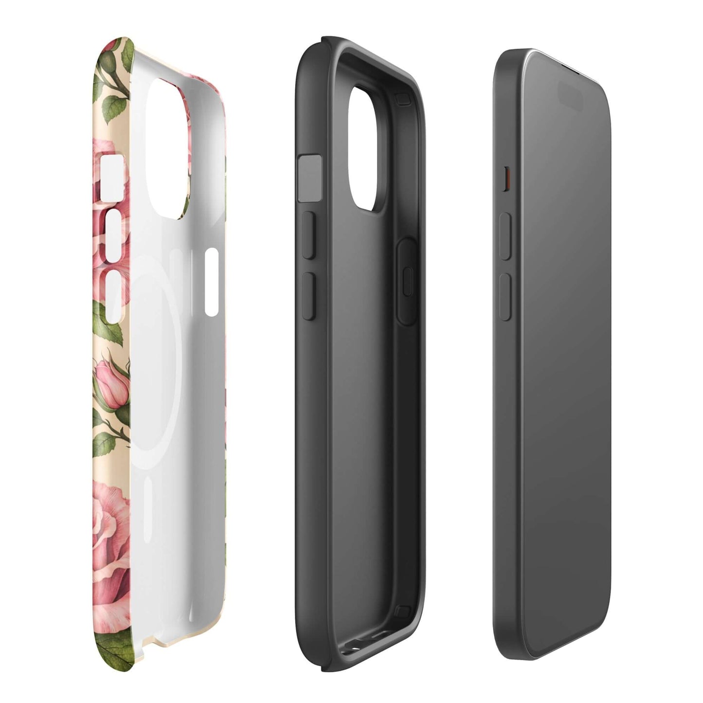 Magnetic Phone Case for iPhone with pink rose design on cream background, showing floral elegance and everyday protection.
