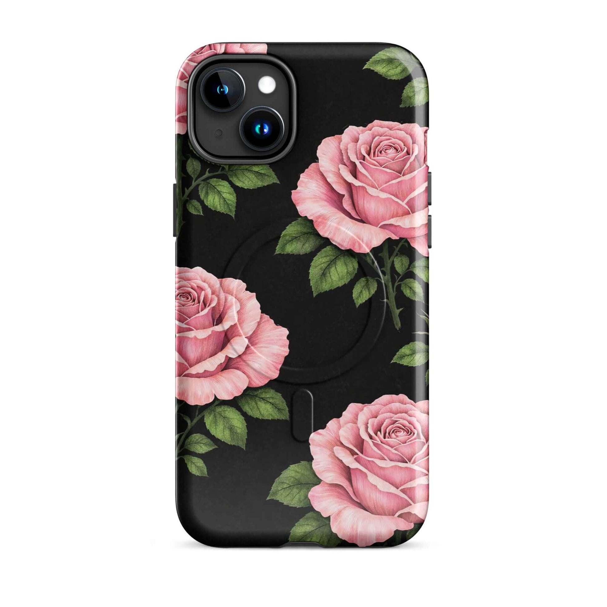 Magnetic Phone Case with pink rose and green leaf design on black background for iPhone.