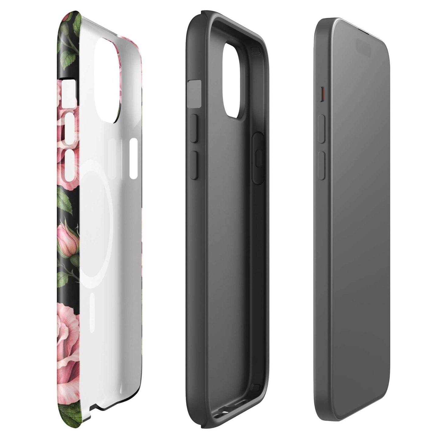 Magnetic Phone Case with pink rose design for iPhone, tough and elegant case with floral pattern on black background.