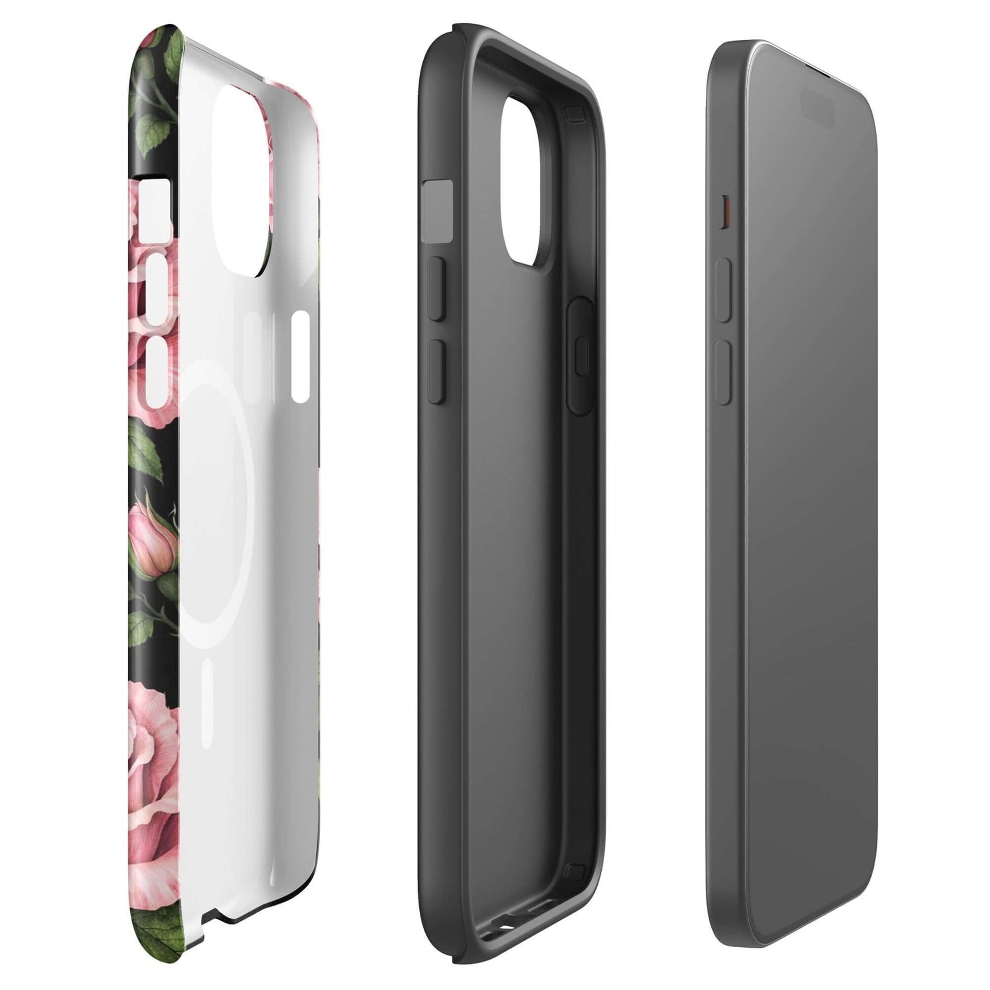 Magnetic Phone Case with pink rose design for iPhone, tough and elegant case with floral pattern on black background.