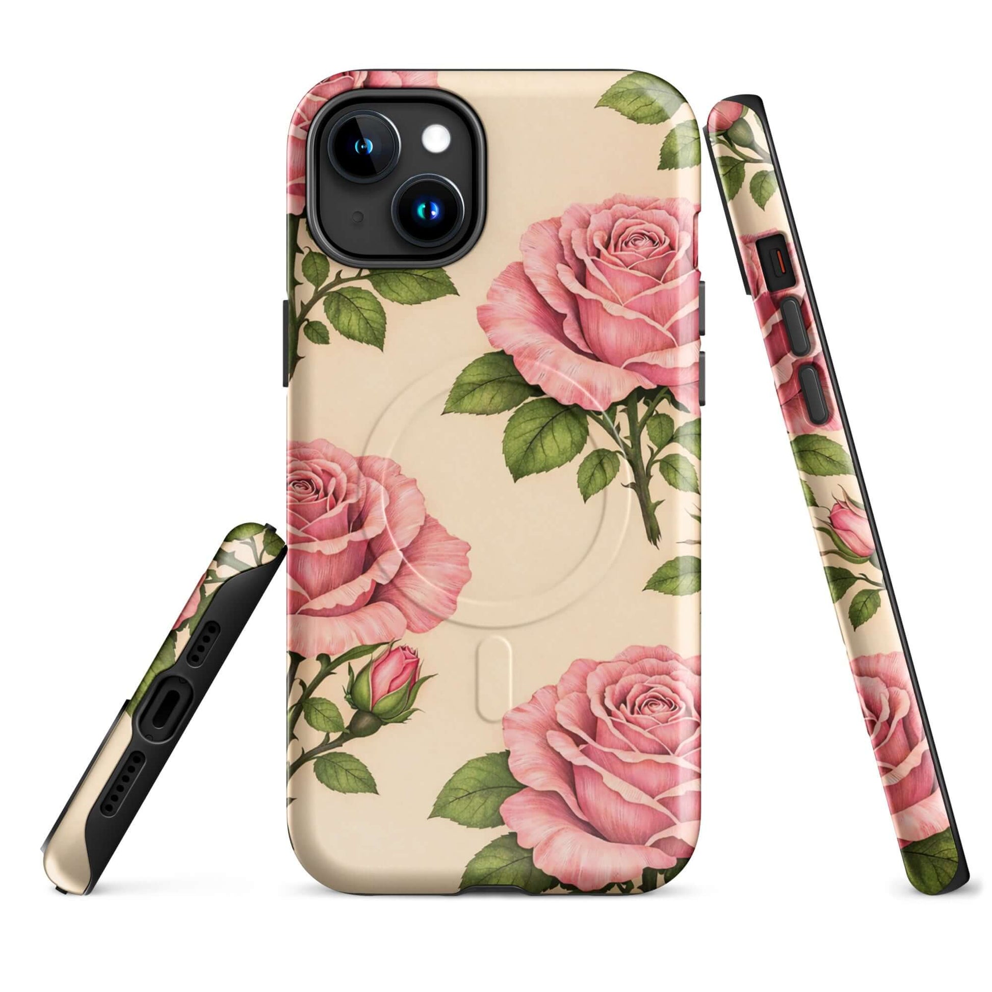 Magnetic Phone Case for iPhone with pink roses design on warm cream background.