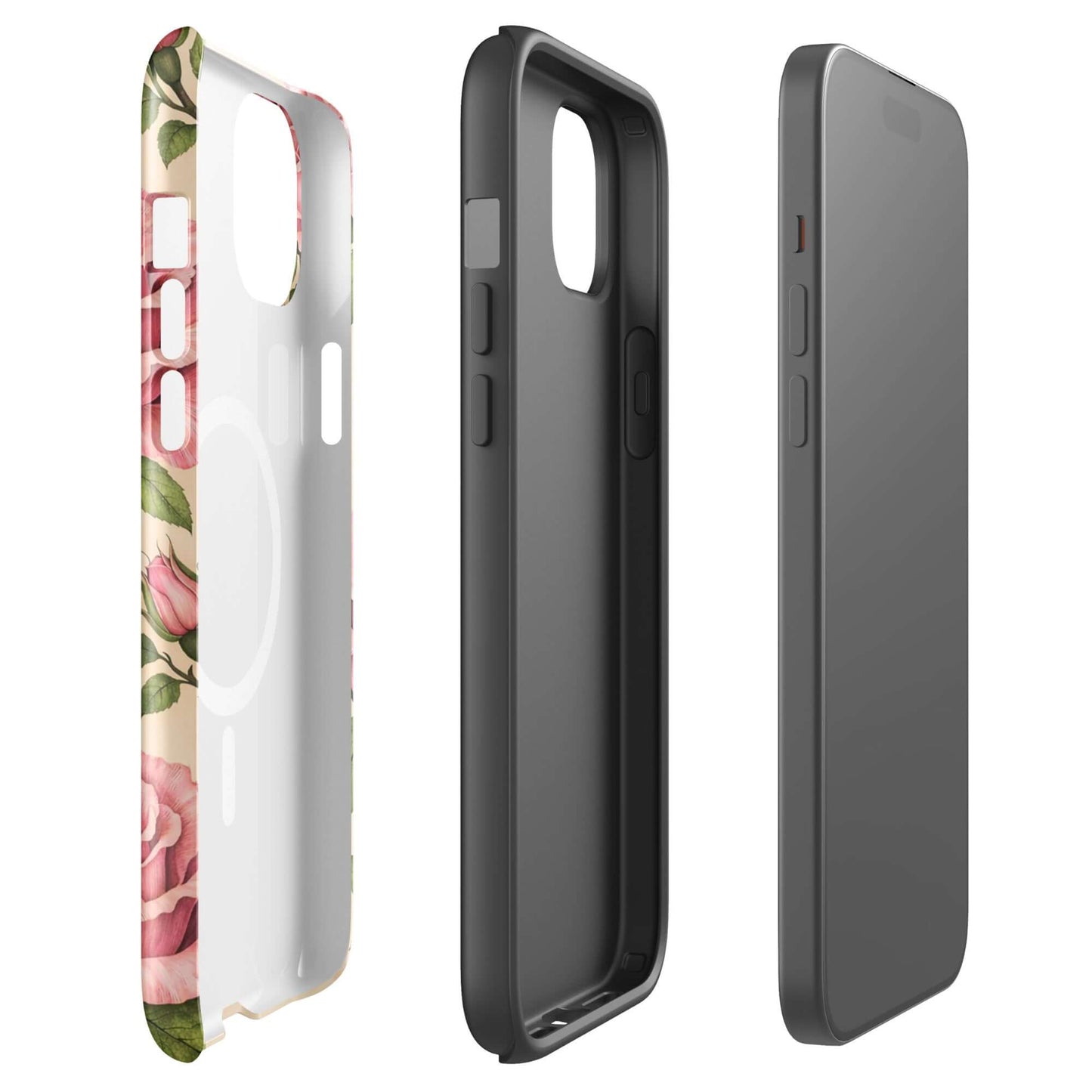 Magnetic Phone Case with pink rose and cream design, elegant floral pattern for iPhone, side and interior views