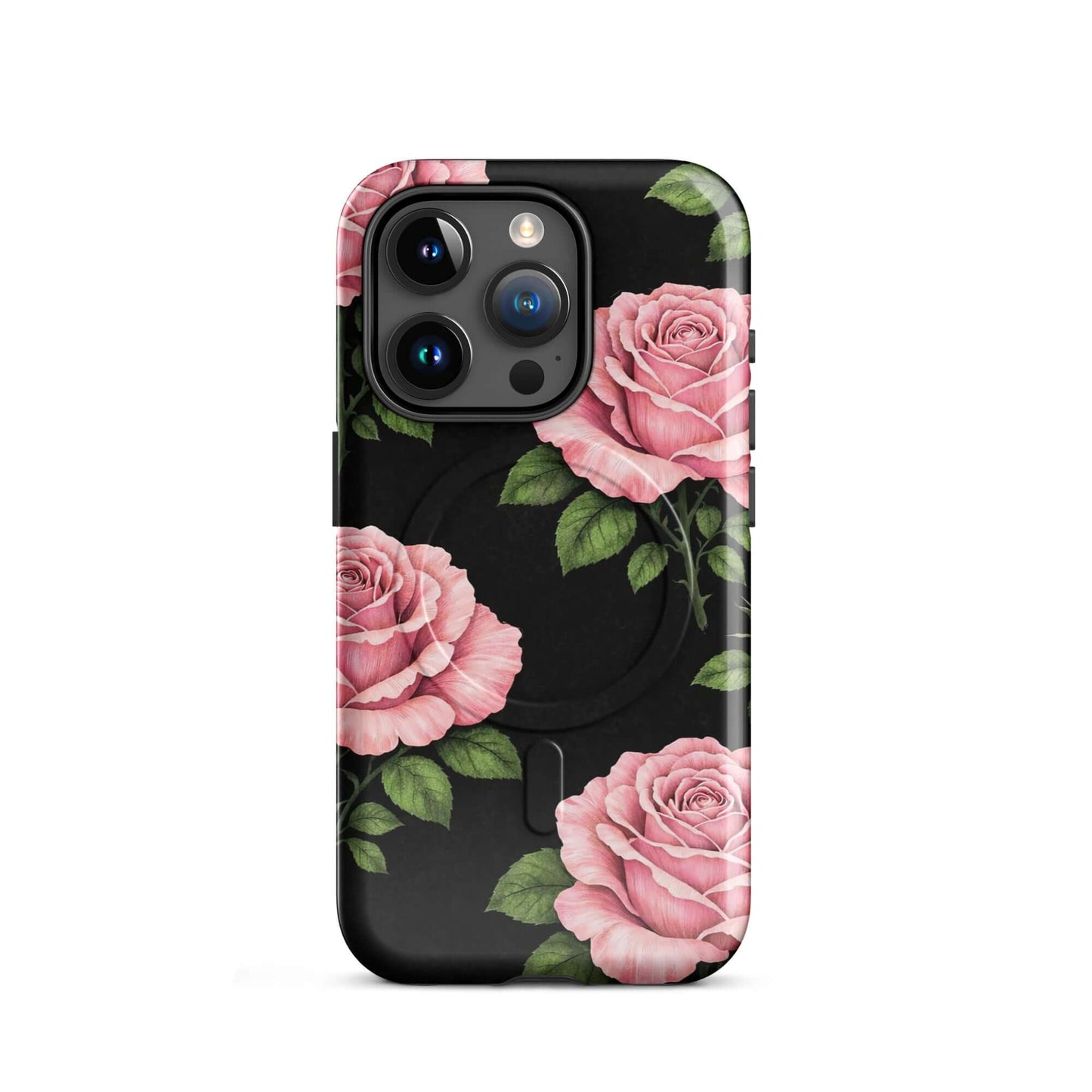 Magnetic Phone Case for iPhone with pink rose garden design on black background.