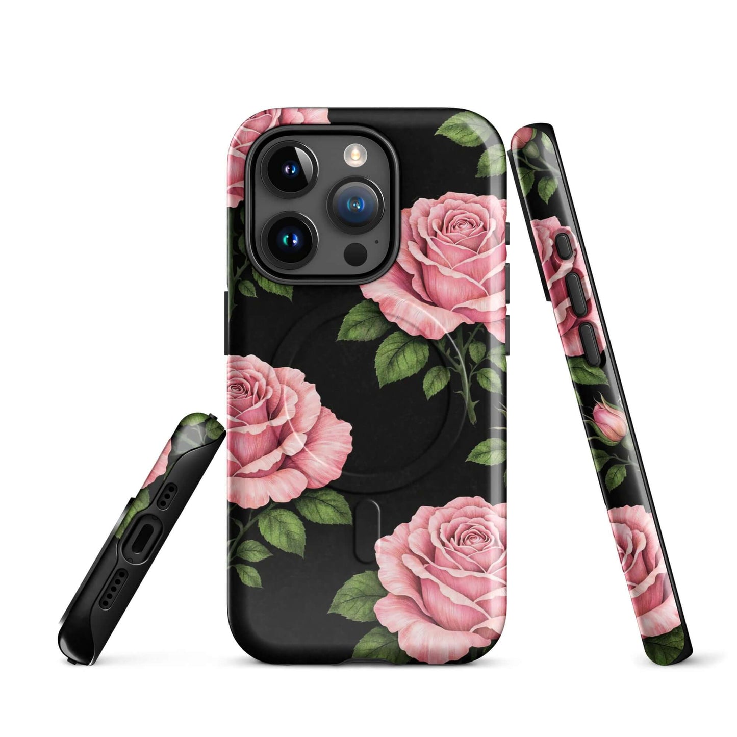 Magnetic Phone Case for iPhone with pink rose garden design on black background, showcasing floral charm and elegance.