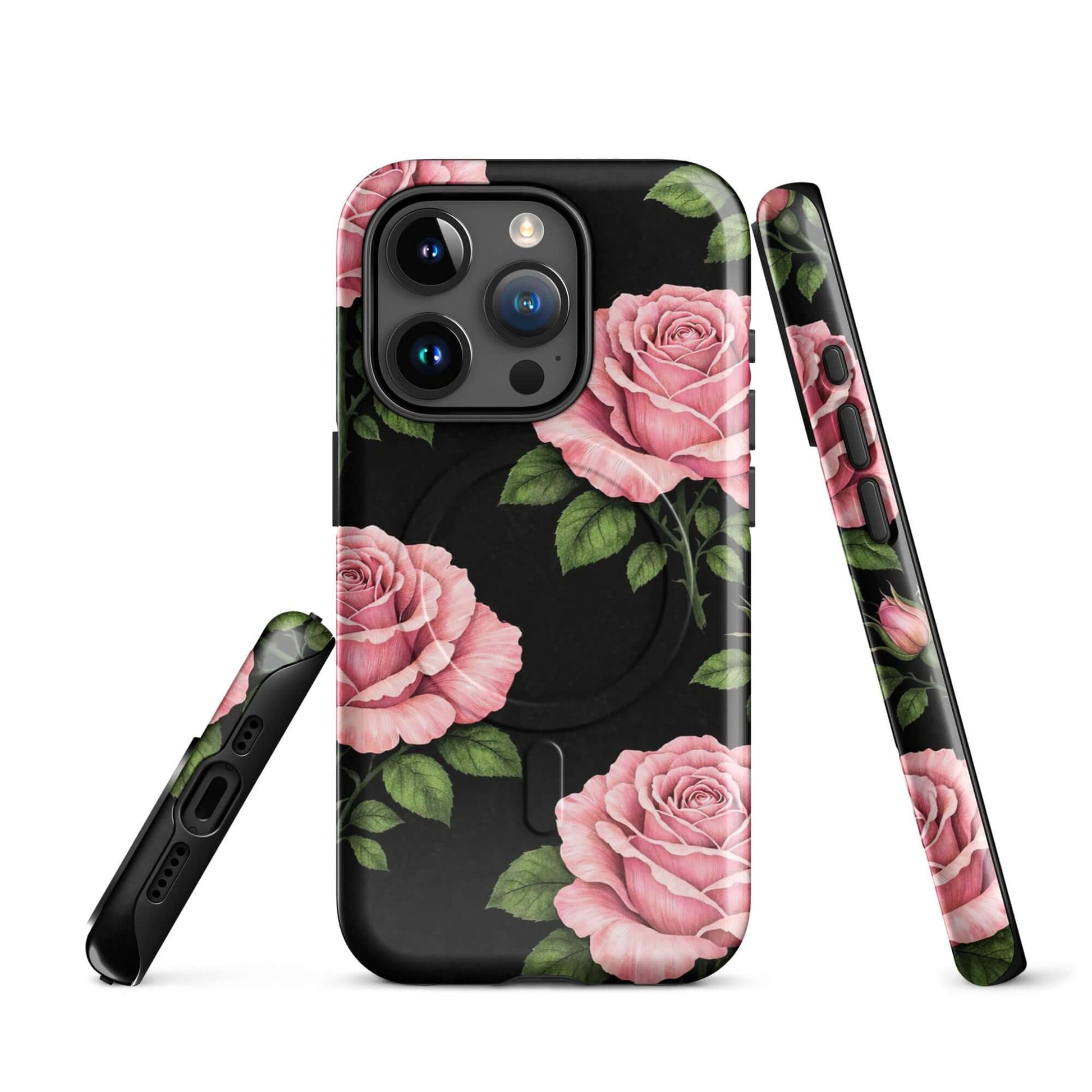 Magnetic Phone Case for iPhone with pink rose garden design on black background, showcasing floral charm and elegance.