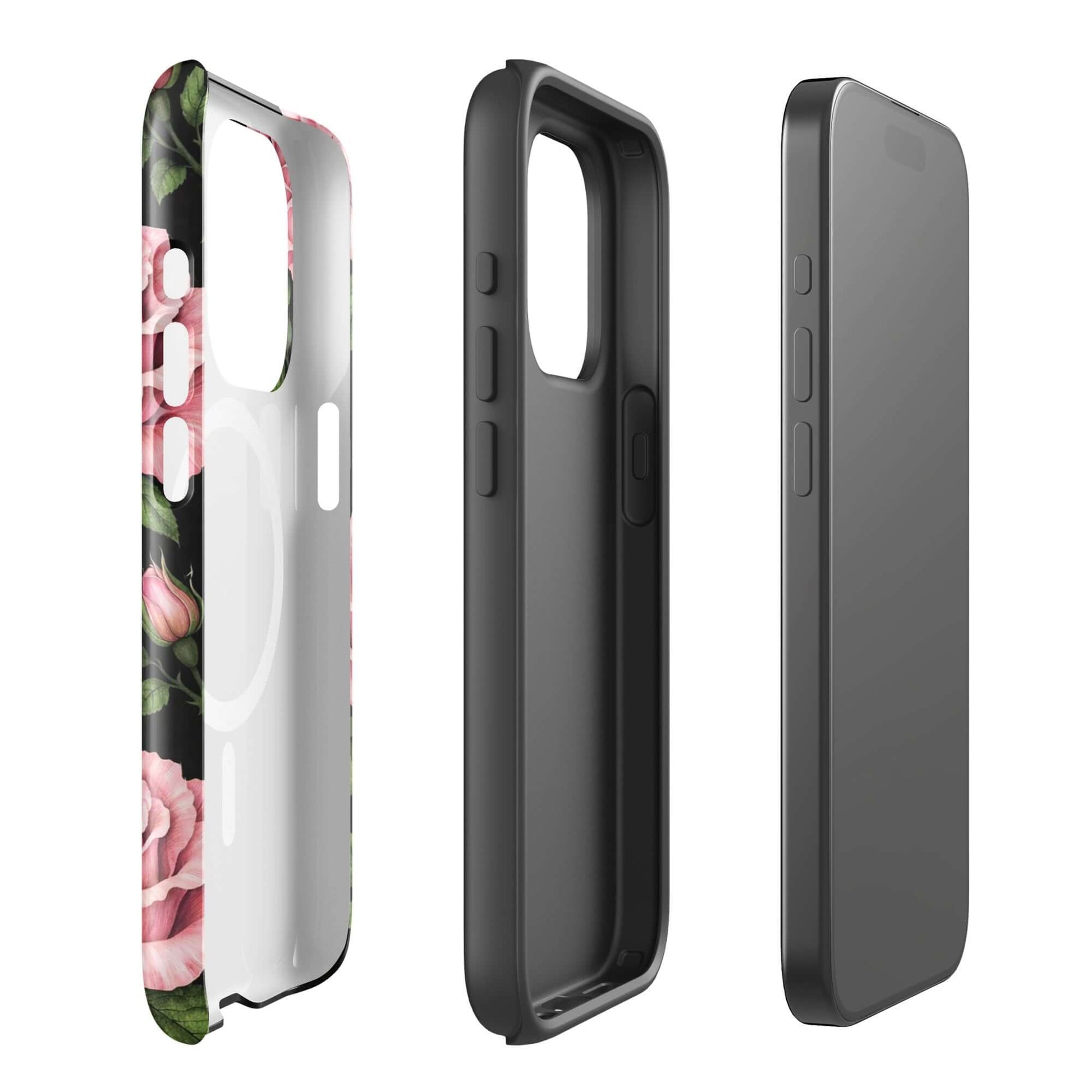 Magnetic Phone Case for iPhone with pink rose garden design and black background