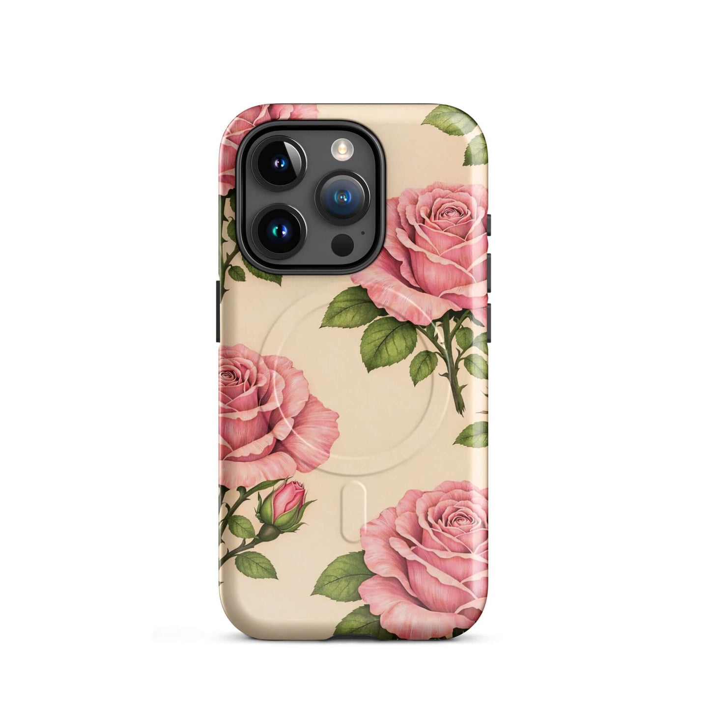 Magnetic Phone Case with pink roses and cream background for iPhone, blending elegant floral design with everyday protection.