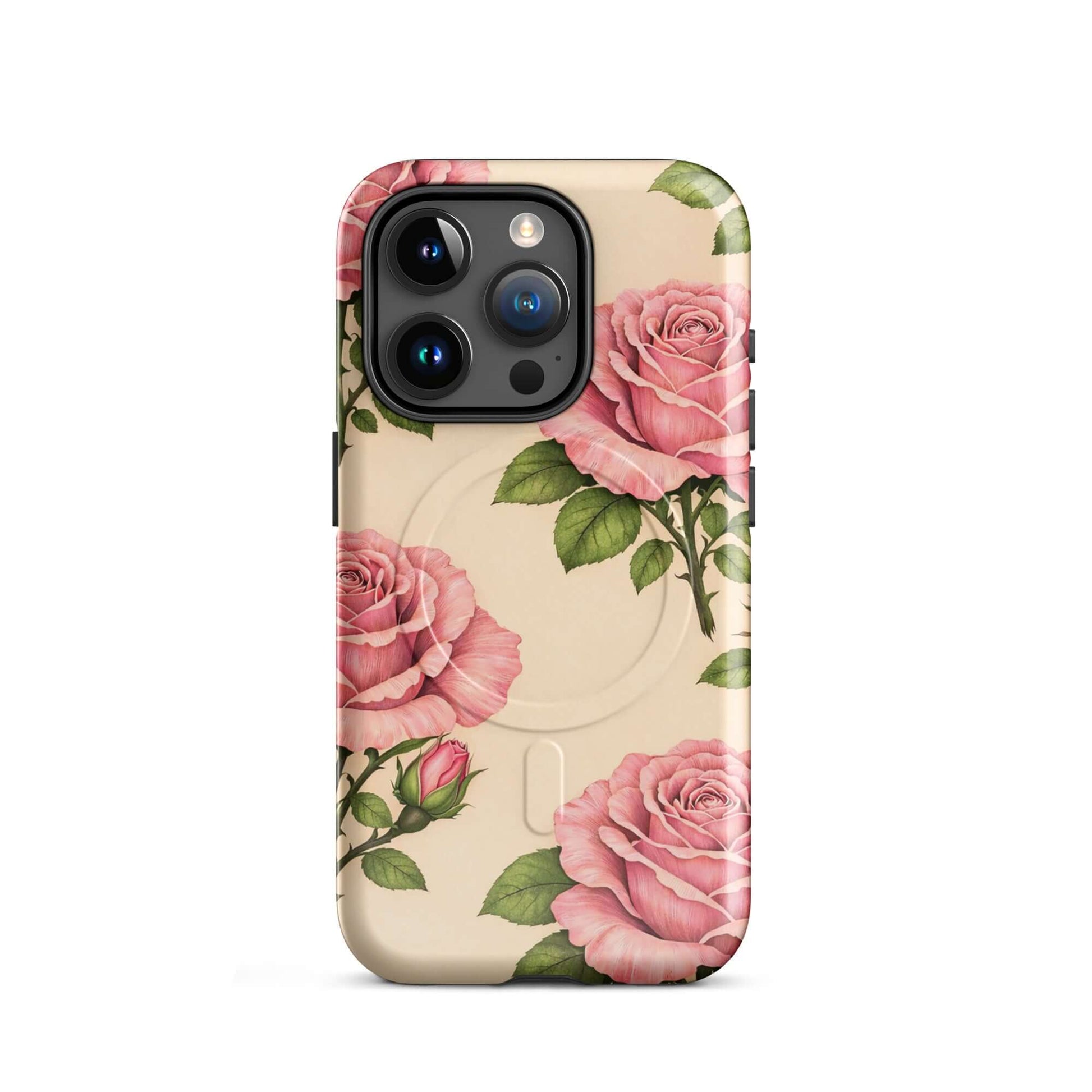 Magnetic Phone Case with pink roses and cream background for iPhone, blending elegant floral design with everyday protection.