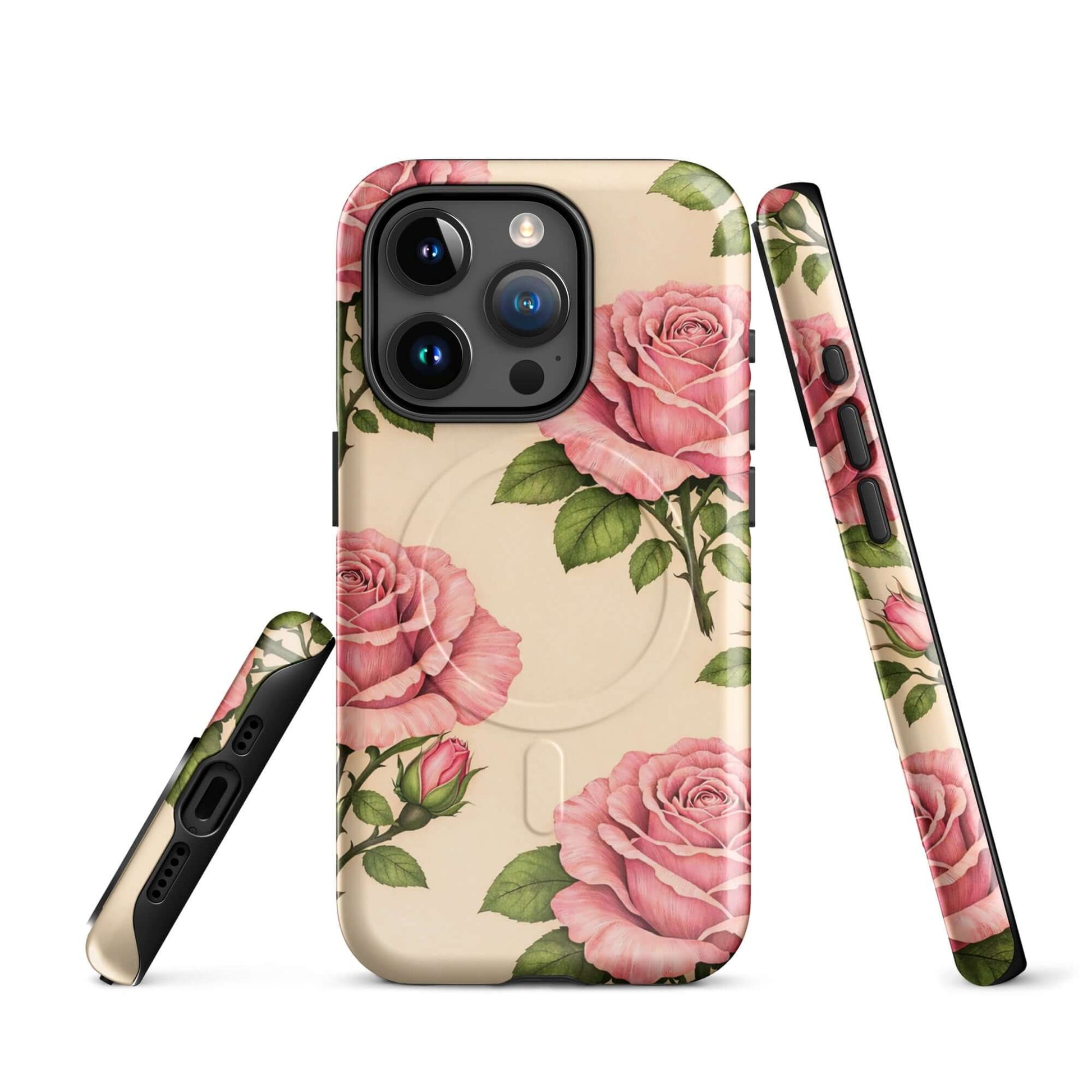 Magnetic Phone Case with pink roses on cream background for iPhone, combining floral elegance and device protection.