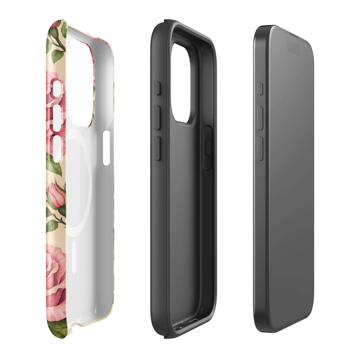 Magnetic Phone Case with pink rose design on cream background, iPhone case featuring floral beauty and protection.