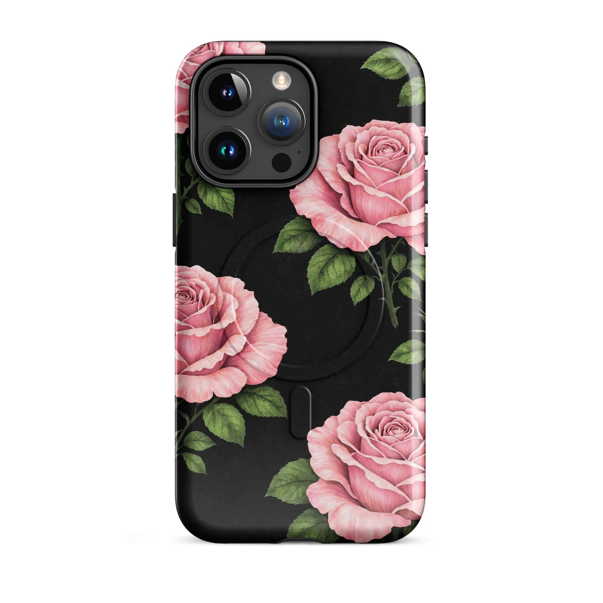 Magnetic Phone Case with pink rose garden design for iPhone, featuring a floral pattern on a black background for stylish protection.