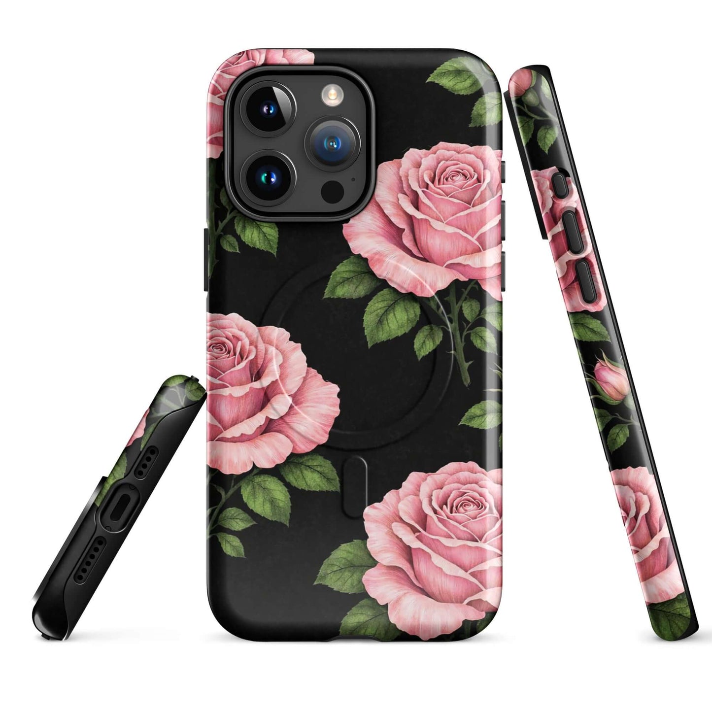 Magnetic Phone Case with pink rose garden design on black background for iPhone.