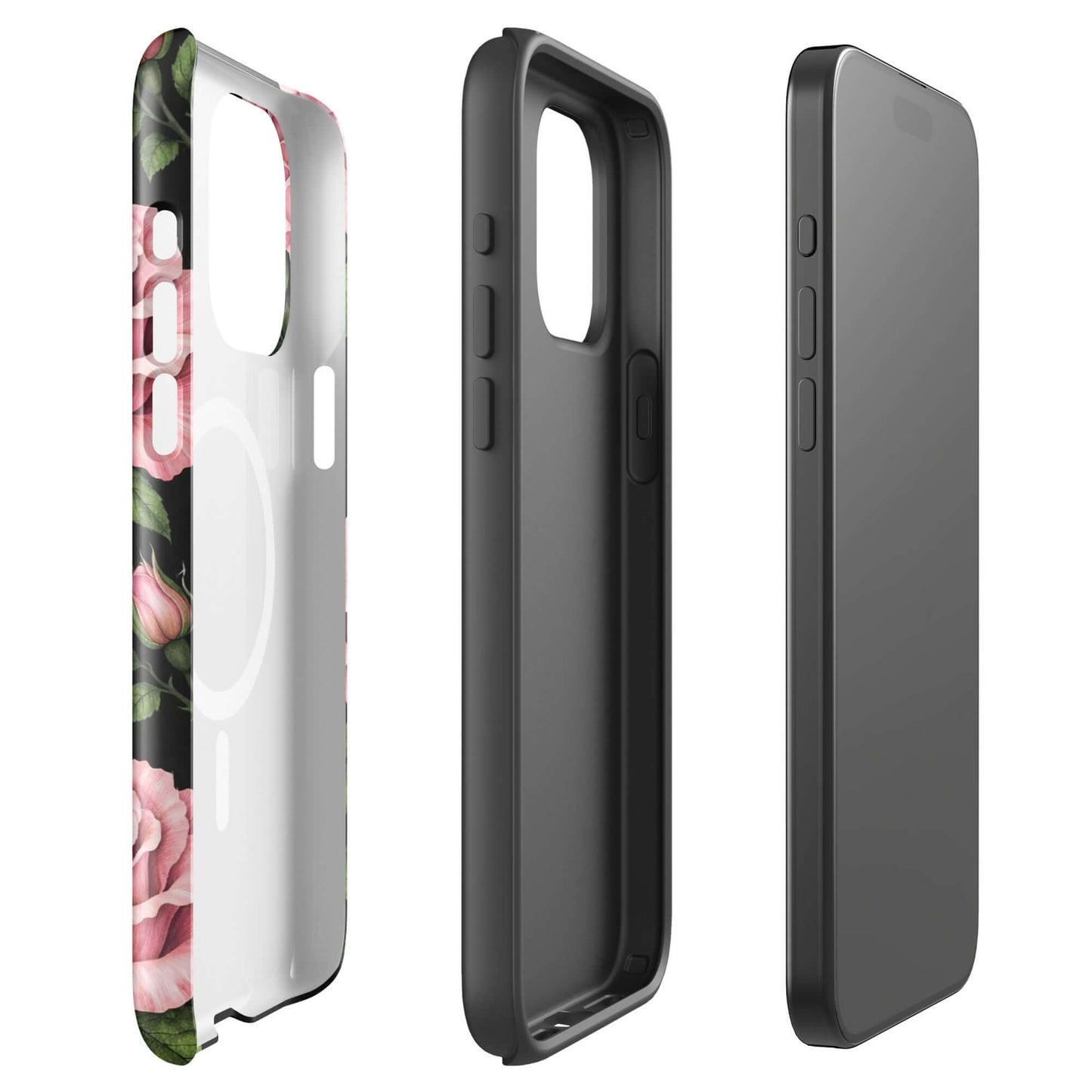Magnetic Phone Case with pink rose and green leaf design for iPhone, elegant floral style against black background.