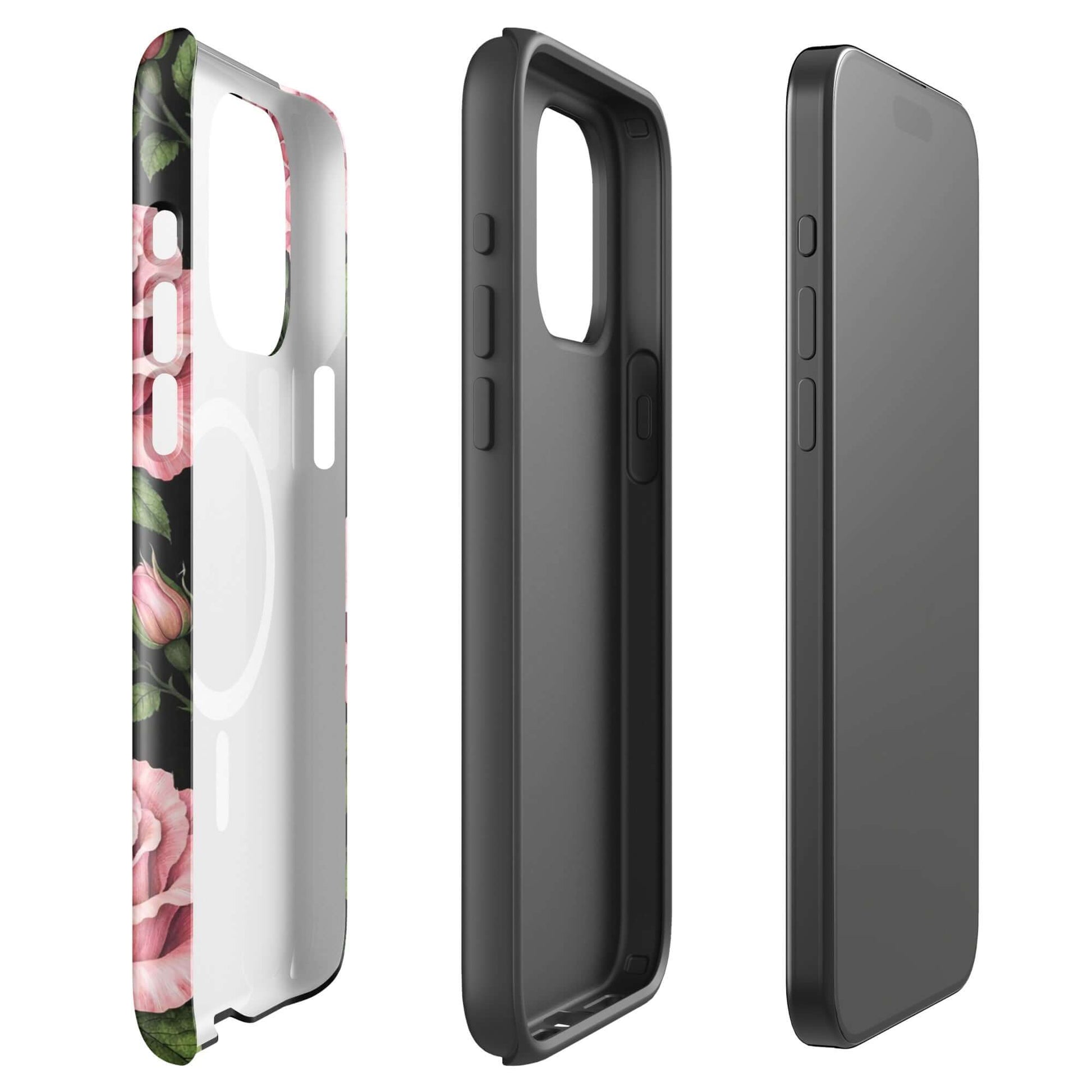 Magnetic Phone Case with pink rose and green leaf design for iPhone, elegant floral style against black background.