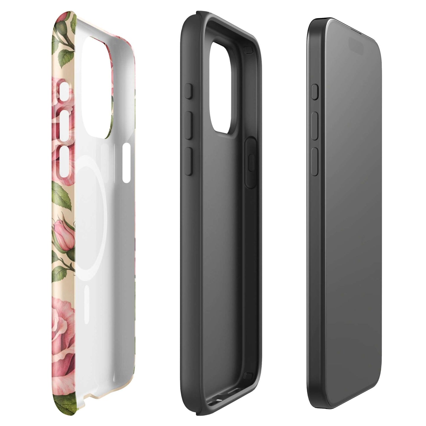 Magnetic Phone Case with pink roses on cream background for iPhone, elegant floral design, protective case display.