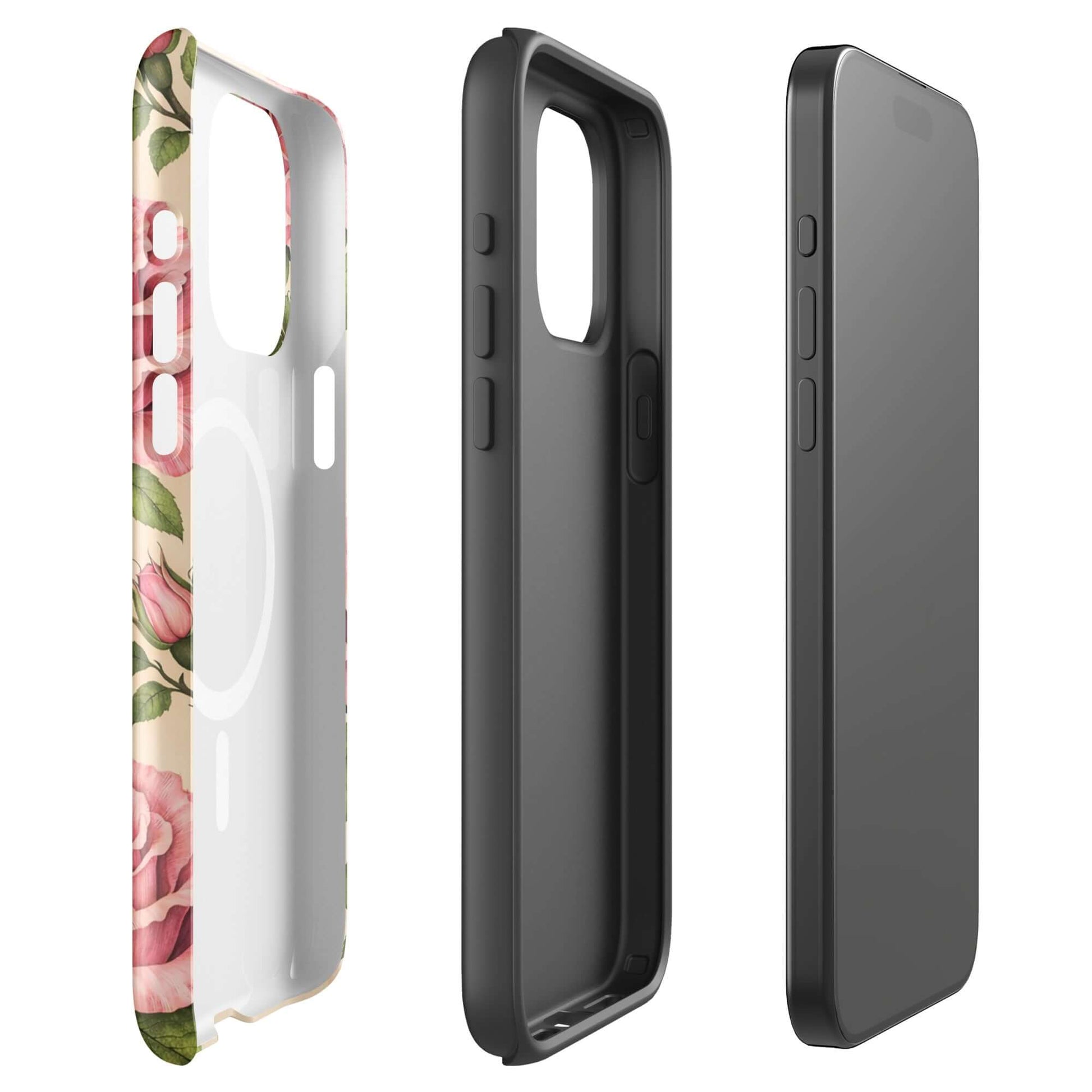 Magnetic Phone Case with pink roses on cream background for iPhone, elegant floral design, protective case display.