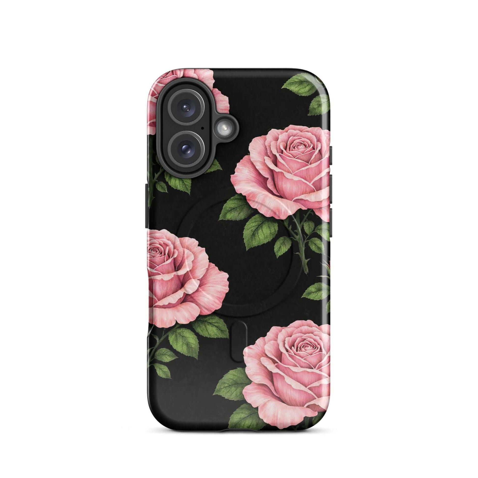Magnetic Phone Case for iPhone in Pink Rose Garden design with floral pattern on black background.