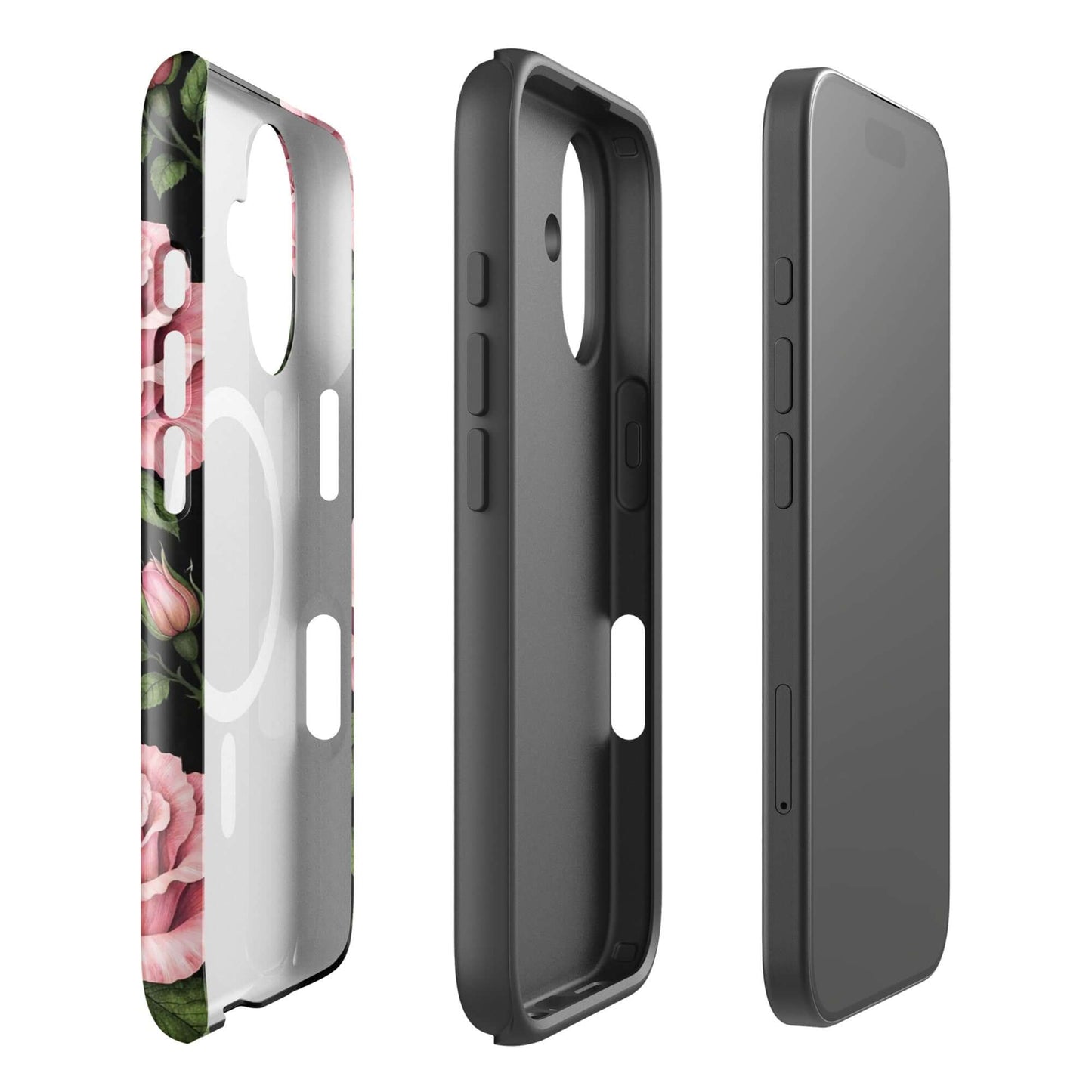 Magnetic Phone Case for iPhone featuring pink rose garden design on tough black background.
