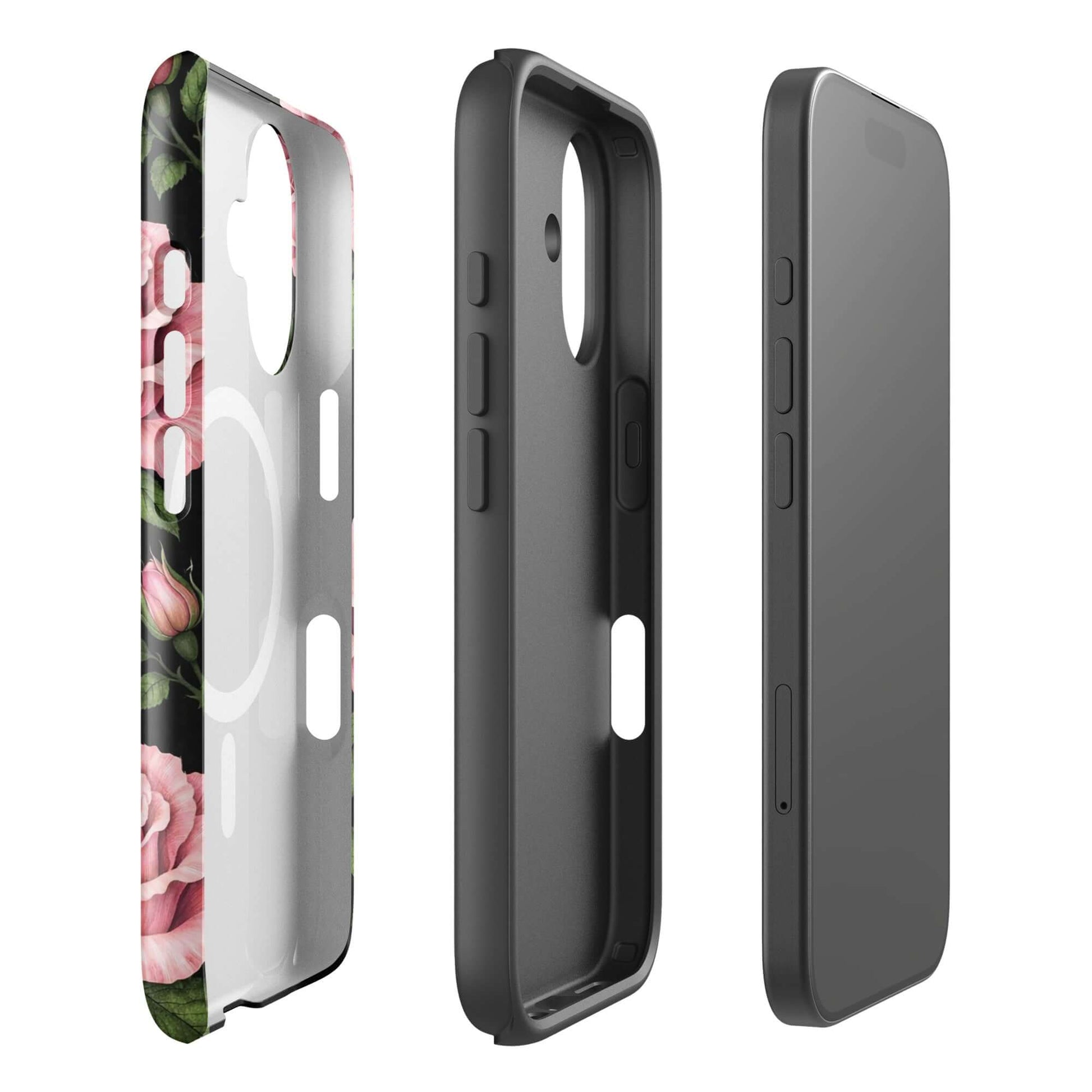 Magnetic Phone Case for iPhone featuring pink rose garden design on tough black background.