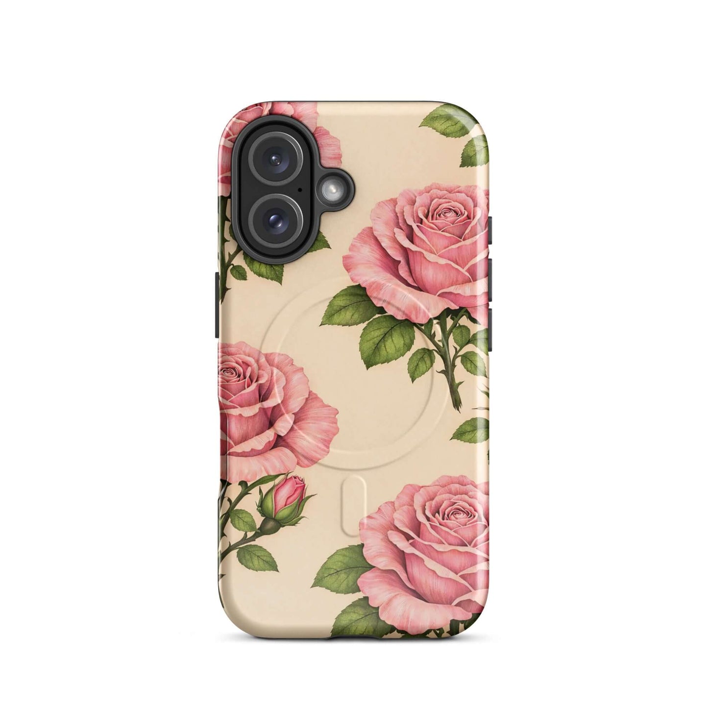 Magnetic Phone Case with pink rose design on cream background, featuring lush floral pattern for elegant iPhone protection.