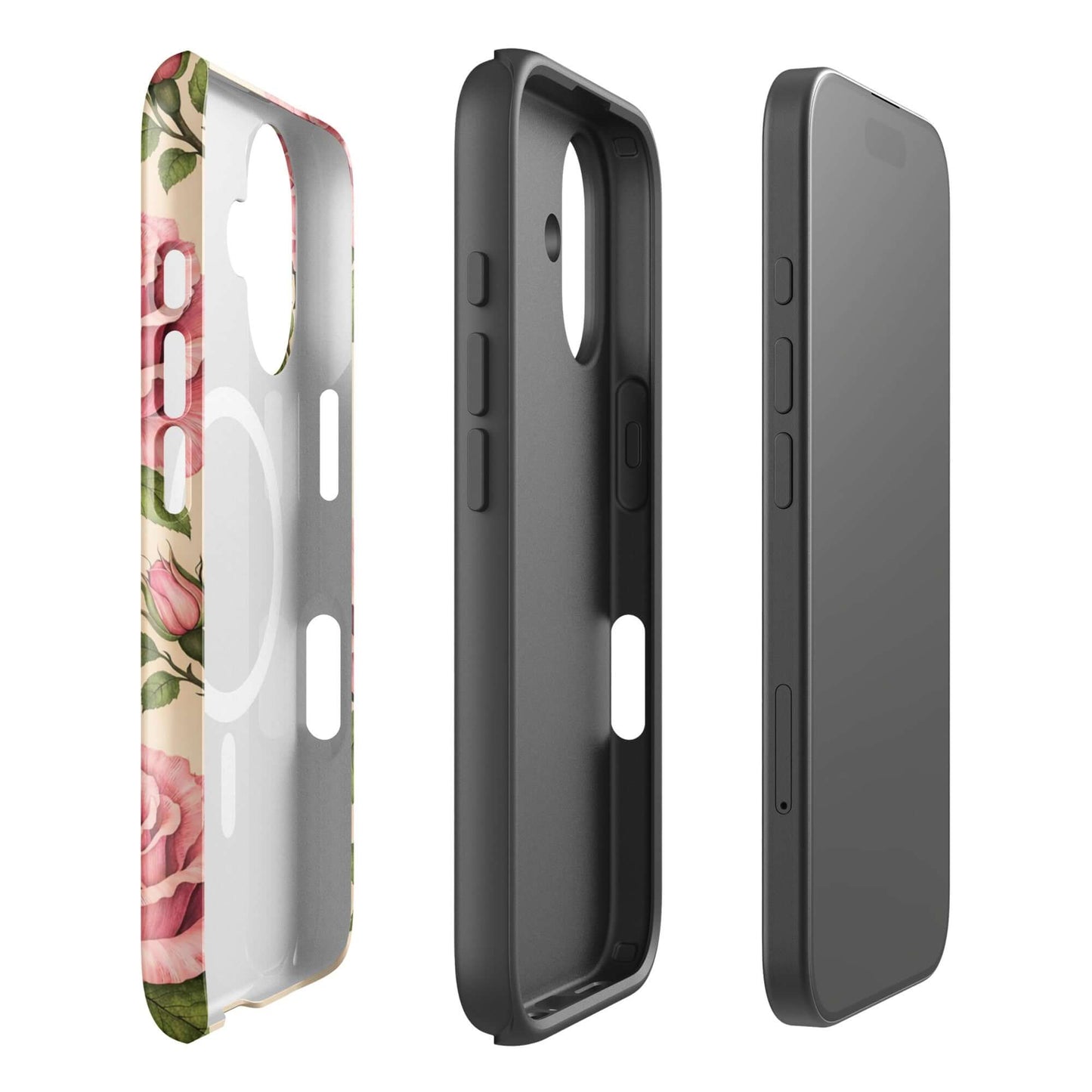 Magnetic Phone Case for iPhone with pink rose design on warm cream background, showcasing lush floral elegance.