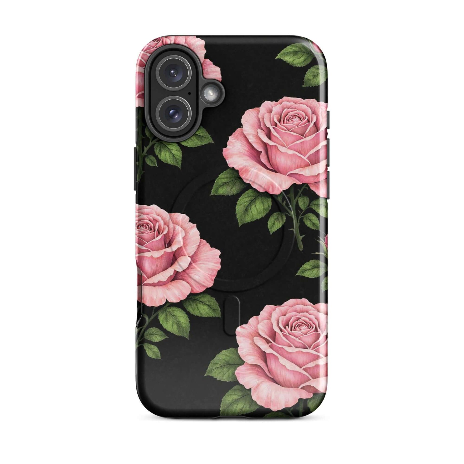 Magnetic Phone Case with pink rose garden design for iPhone, featuring sketch-style roses on black background, elegant and durable.