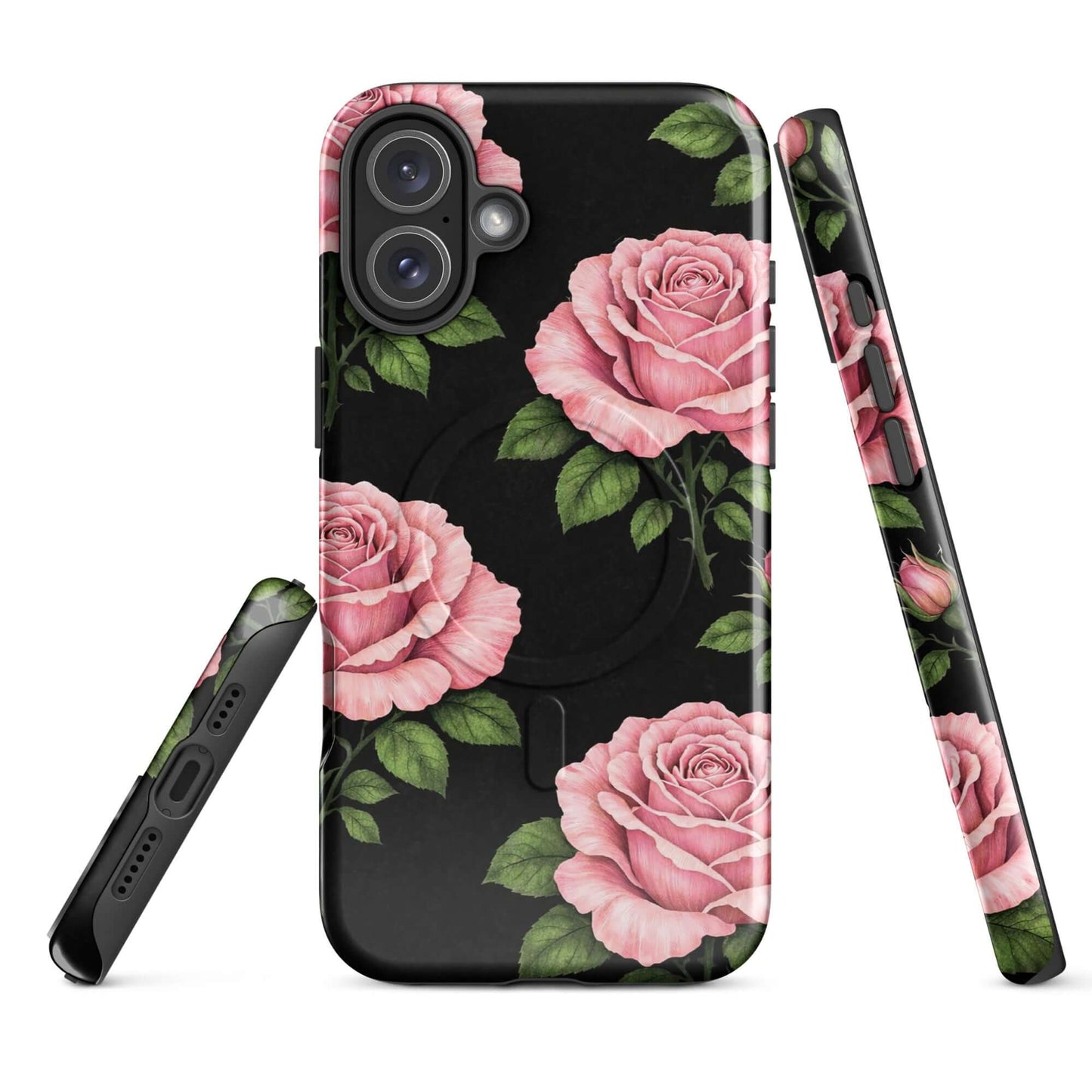 Magnetic Phone Case for iPhone with pink roses and green leaves on black background, stylish and protective tough case
